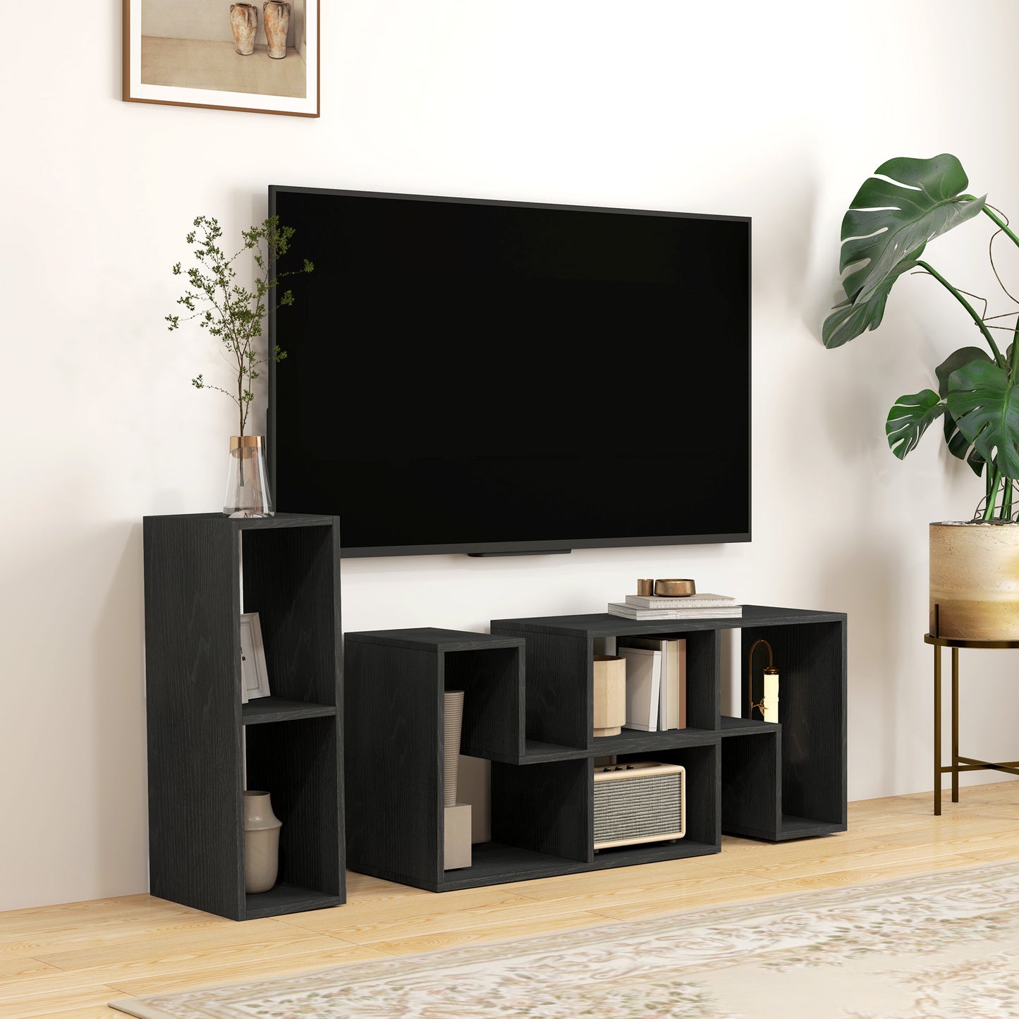 HOMCOM TV Stand for TVs up to 75", Storage Shelves, Extendable Unit, Black Wood Grain