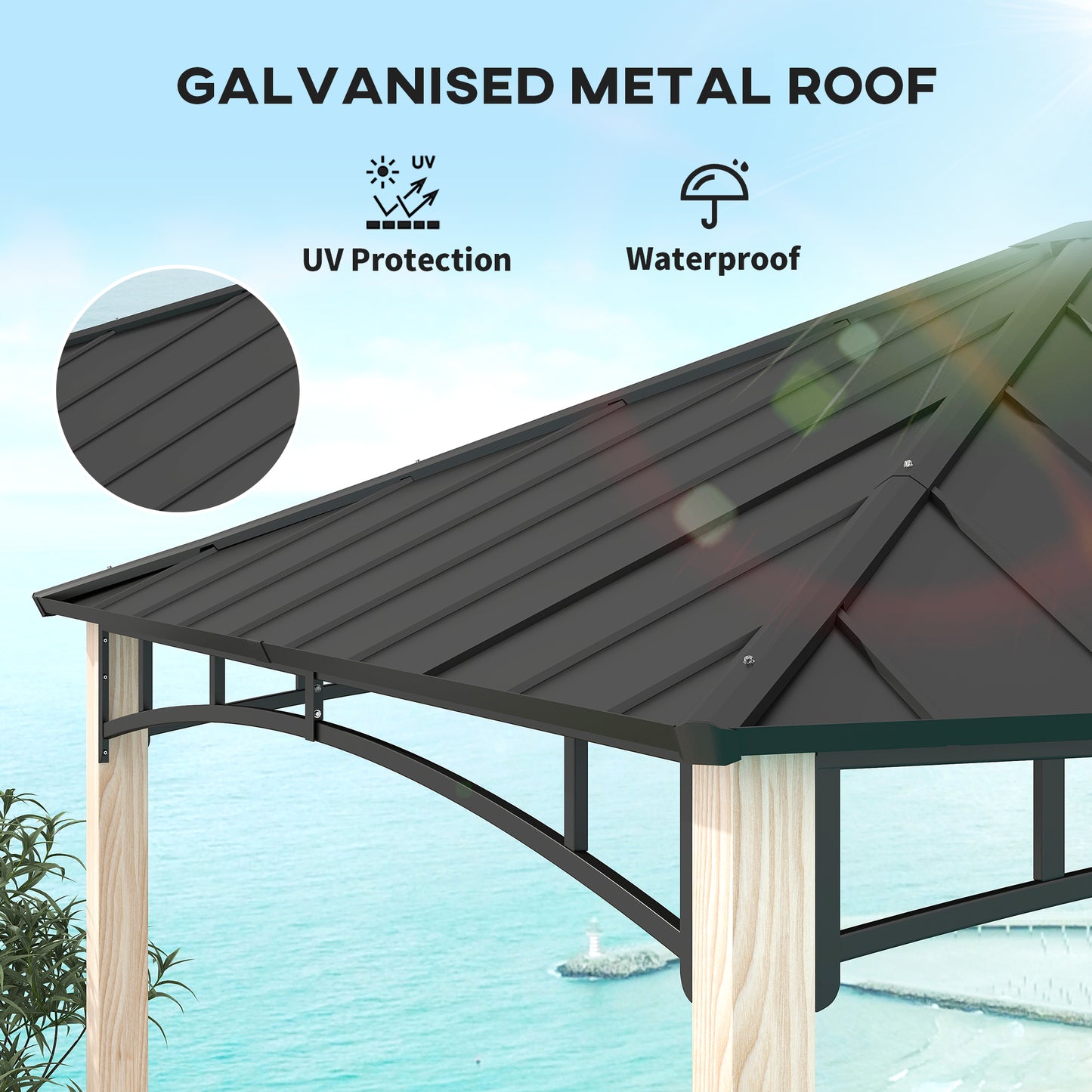 Outsunny 3x3m Hardtop Gazebo: Metal Roof, Wood Grain Columns, Top Hook for Patio/Deck Garden Use