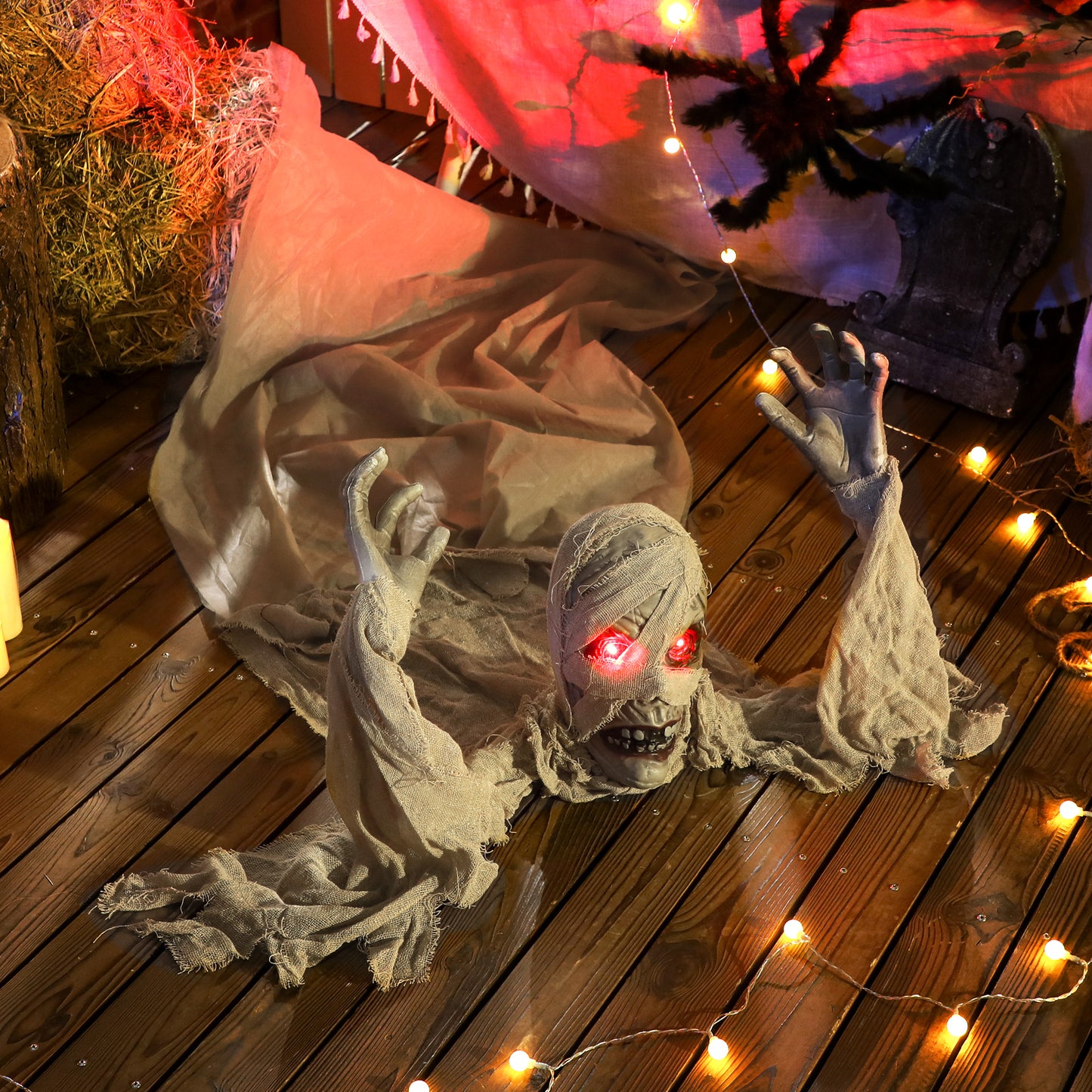 Outsunny Life Size Halloween Animated Crawling Mummy with LED Eyes, Timer, Battery Operated, Indoor/Outdoor Party Props, 183 cm, Black