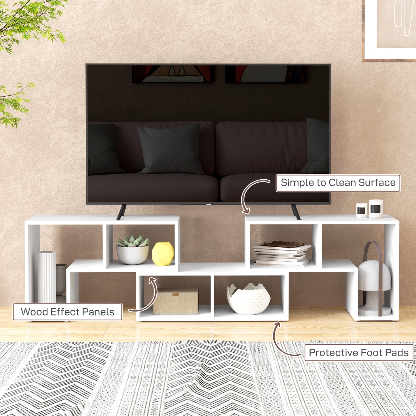 HOMCOM TV Stand for TVs up to 75", Storage Shelves, Extendable Unit, White Wood Grain