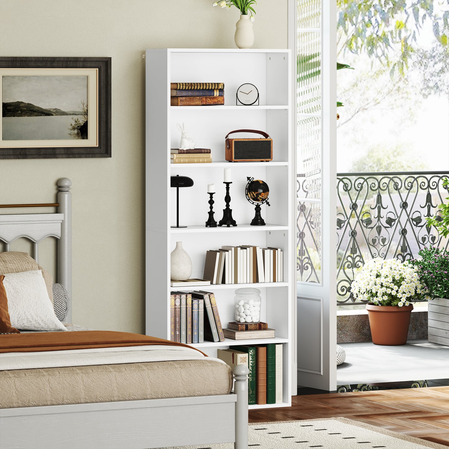 HOMCOM 6 Tier Bookshelf, Freestanding Adjustable Shelves, Display Storage for Living Room/Bedroom/Study, 60x24x158.5 cm, White
