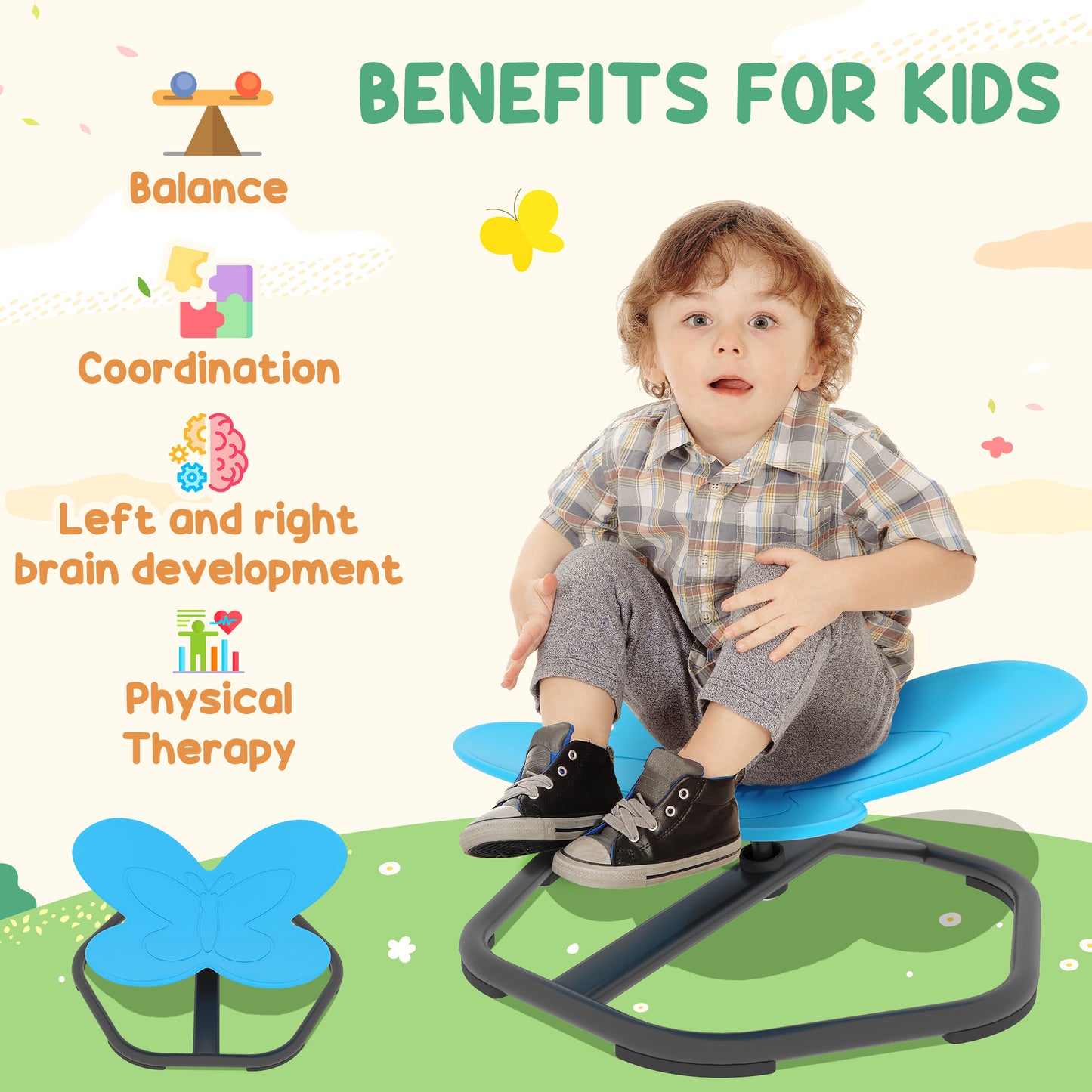 AIYAPLAY Butterfly-Shaped-kids Swivel Chair, Sensory Spinning Chair for Balance, Coordination Training, Blue