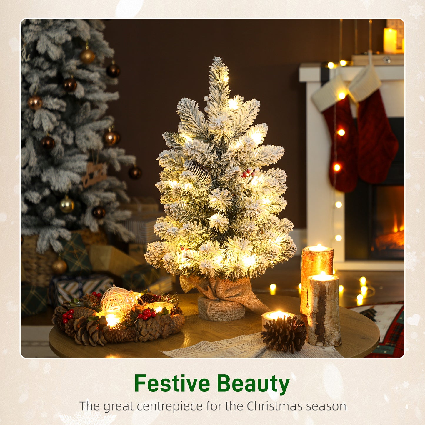 HOMCOM 60cm Prelit Christmas Tree with 35 LED Lights, Snow Flocked, 72 Branches, Pine Cones, Berry Clusters, Linen Base, Battery Operated, Green