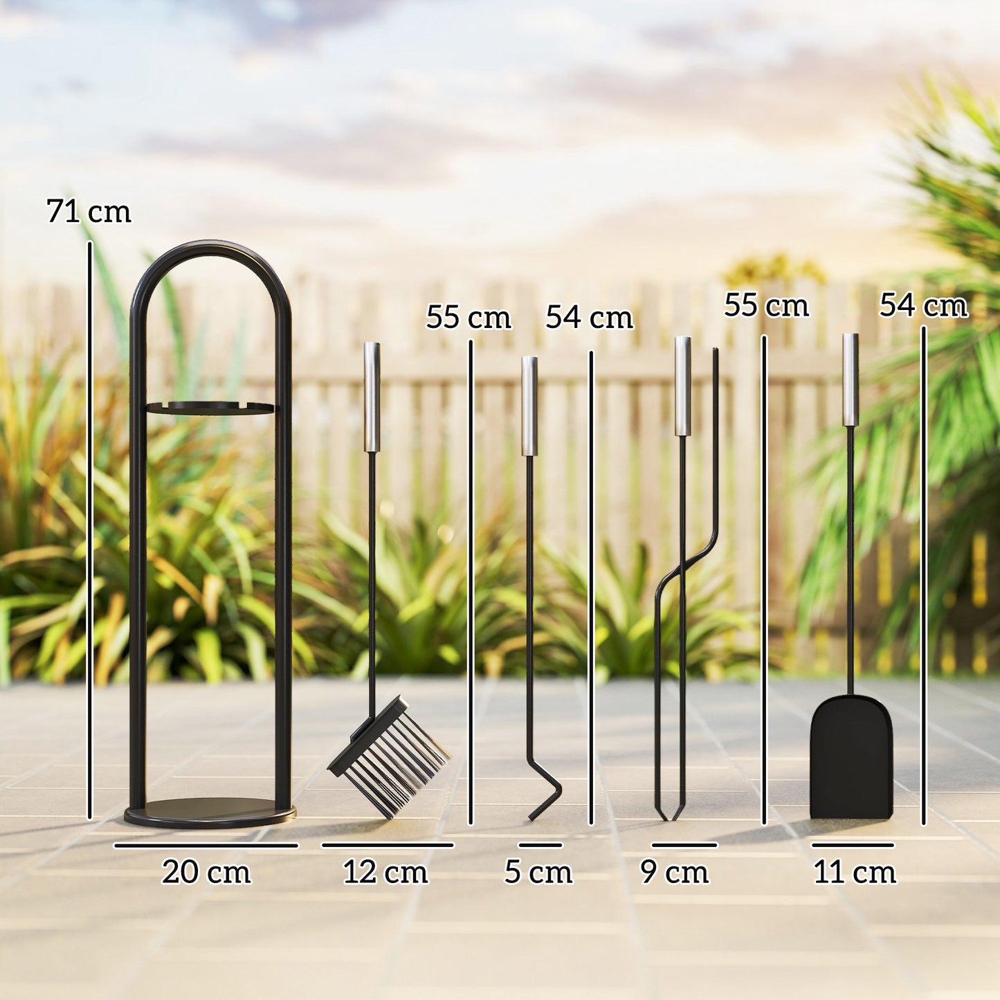 Outsunny 5-Piece Fireplace Set, Metal Accessories with Broom, Shovel, Poker, Tongs, Stand, Silver