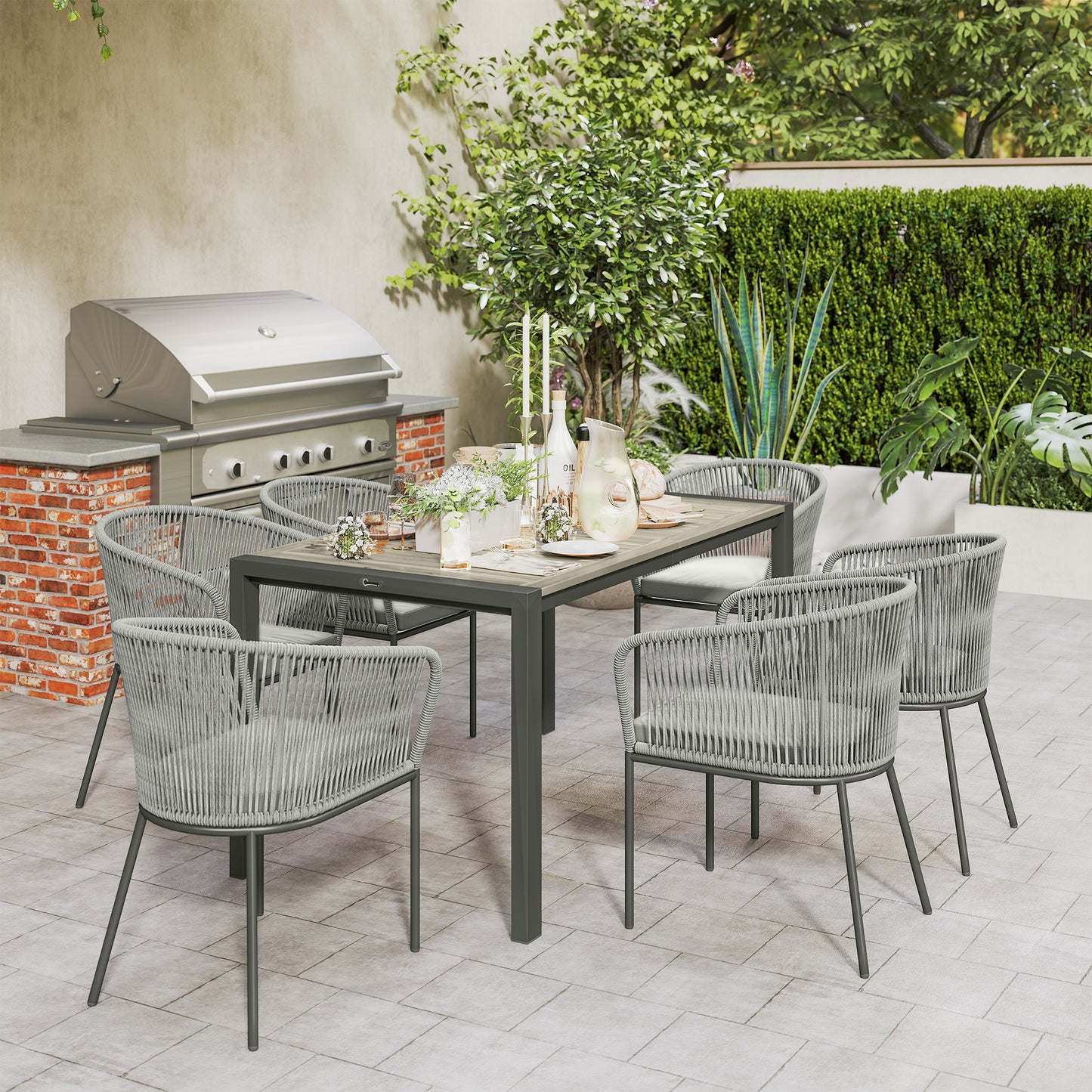 Outsunny Rattan Dining Set, 6 Seater, Wood Top Table, 6 Chairs, Washable Cushions, for Outdoor, Patio, Conservatory, Grey