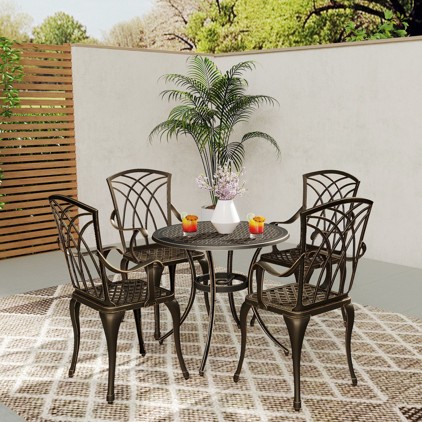 Outsunny 5 Piece Bronze Cast Aluminium Garden Dining Set, 4 Armchairs, Round Table with Parasol Hole