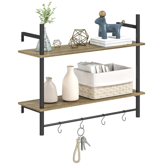 HOMCOM Wall Mounted Floating Shelves with 4 Hooks, Rustic Wall Shelf Unit for Living Room, Entryway, Grey