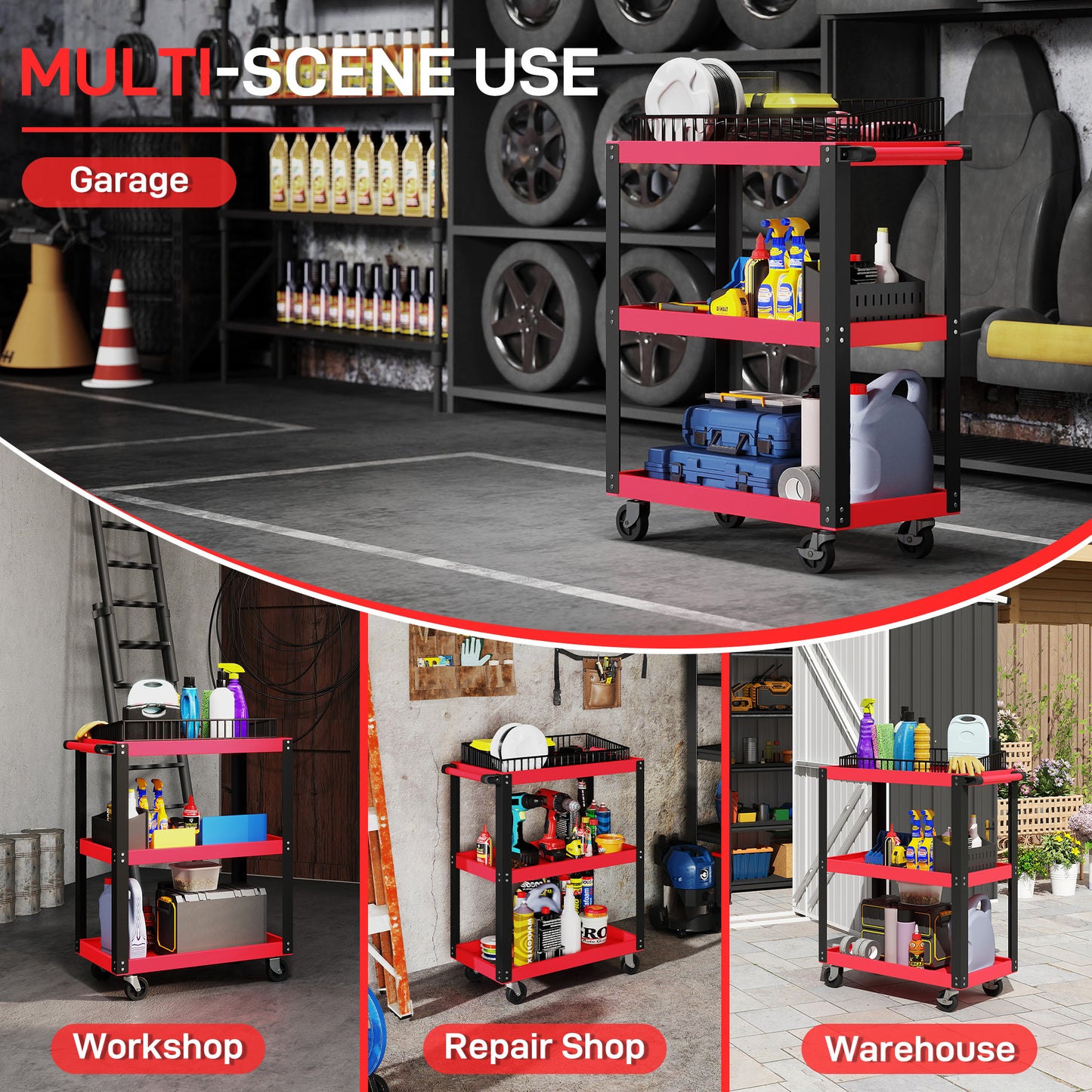 HOMCOM Tool Utility Cart Heavy Duty Tool Trolley Rolling with Brake Swivel Castors 3 Shelves Black Red