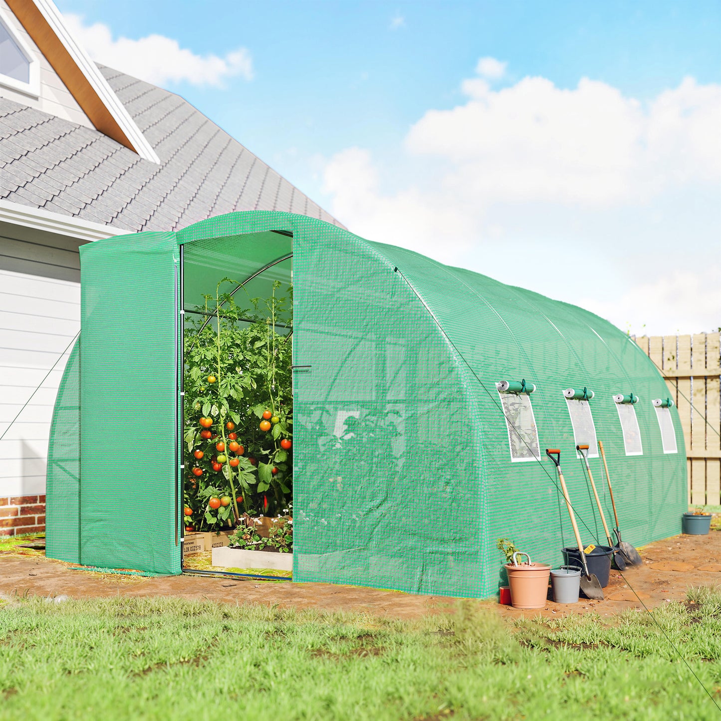 Outsunny 3 x 4 m Walk-in Polytunnel Greenhouse with Hinged Door and 8 Roll Up Mesh Windows, Garden Tunnel Warm House Tent, Green