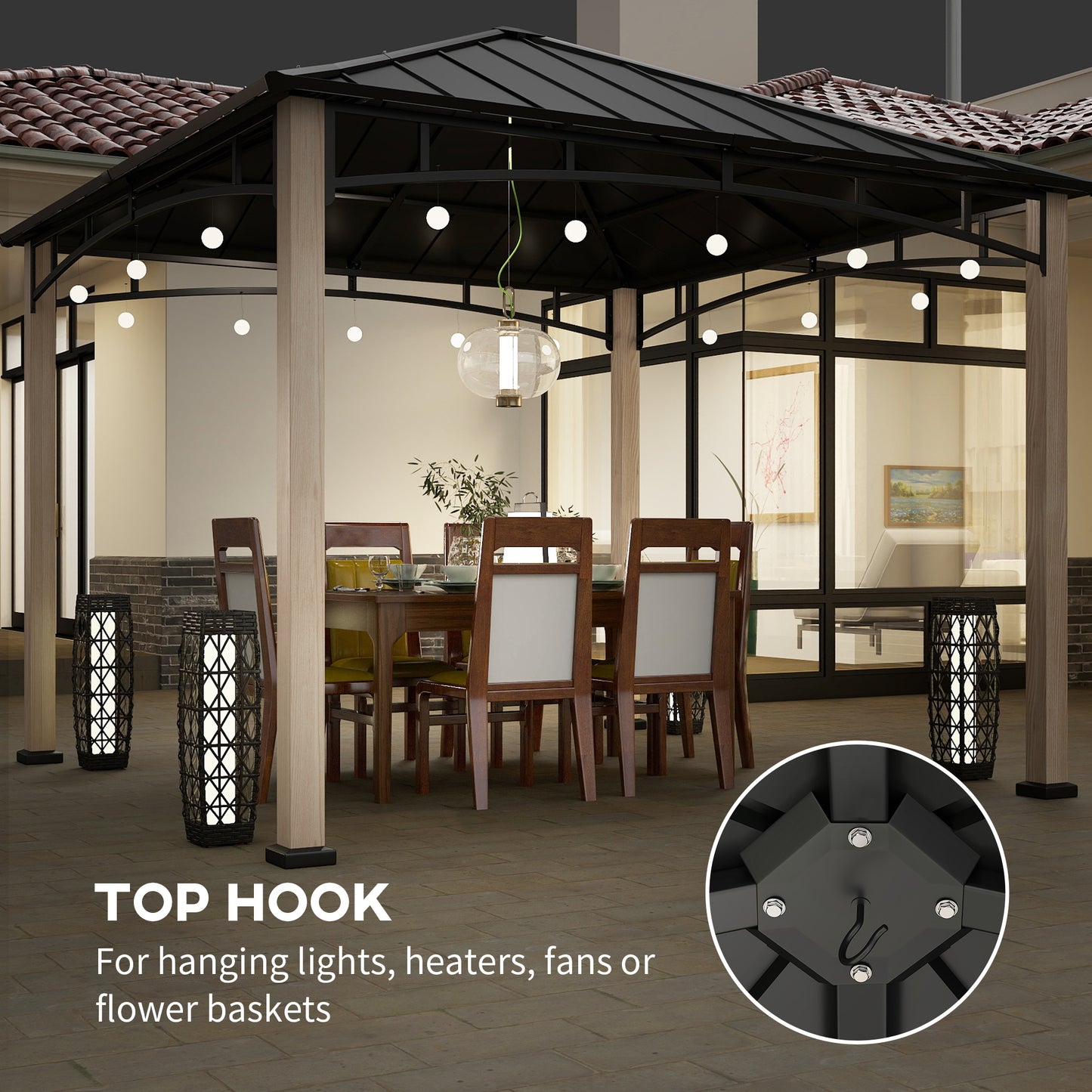 Outsunny 3x3m Hardtop Gazebo: Metal Roof, Wood Grain Columns, Top Hook for Patio/Deck Garden Use
