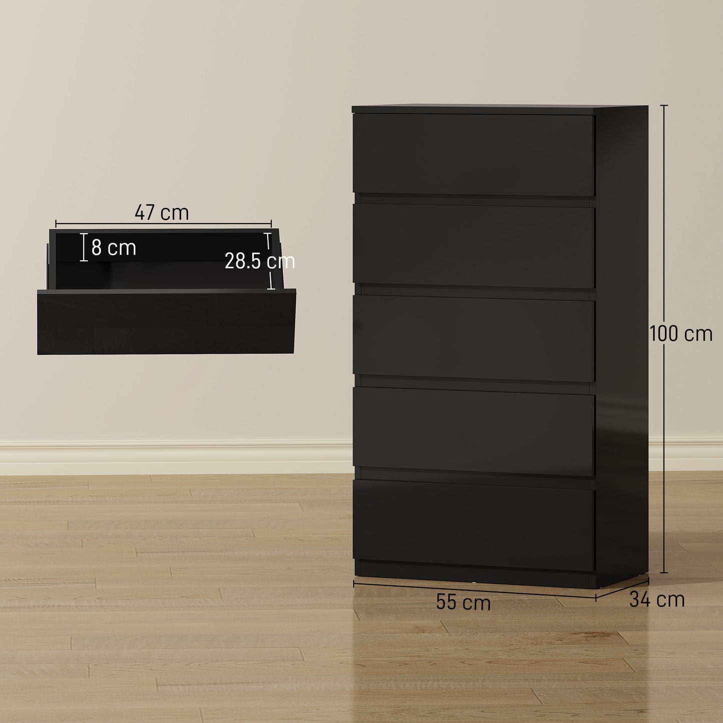 HOMCOM Chest of Drawers, 5-Drawer Storage Cabinets, Modern Dresser for Bedroom