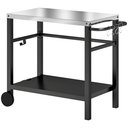 Outsunny Outdoor Grill Dining Cart, 2-Shelf Pizza Oven Table with Stainless Steel Top, BBQ Trolley Station with Hooks, Wheels, Handle, Charcoal Grey