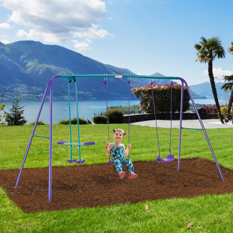 Outsunny Height Adjustable Metal Swing Set with Glider, Two Swing Seats and Adjustable Height, Outdoor Heavy Duty A-Frame