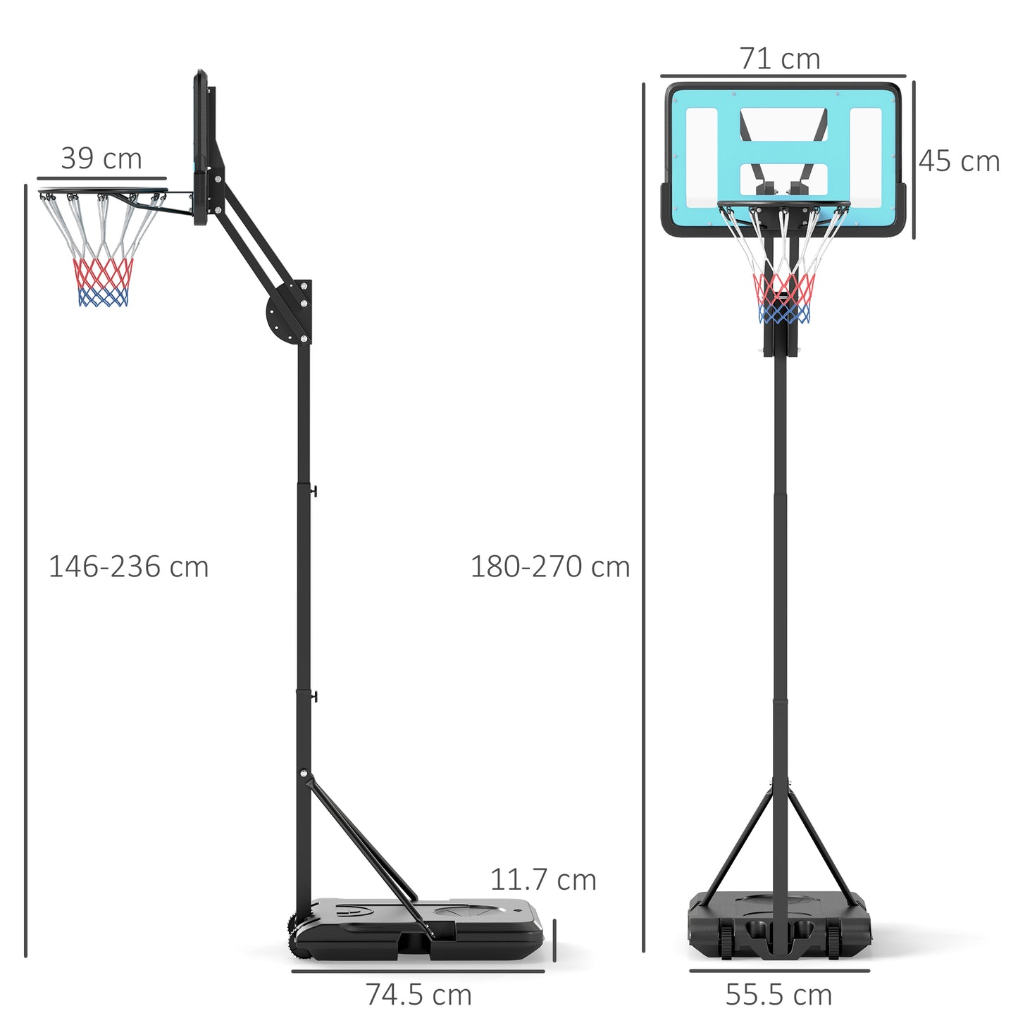 SPORTNOW Adjustable Basketball Hoop, 146-236cm Stand with Weighted Base, Shatterproof Backboard, Portable on Wheels, Outdoor Use