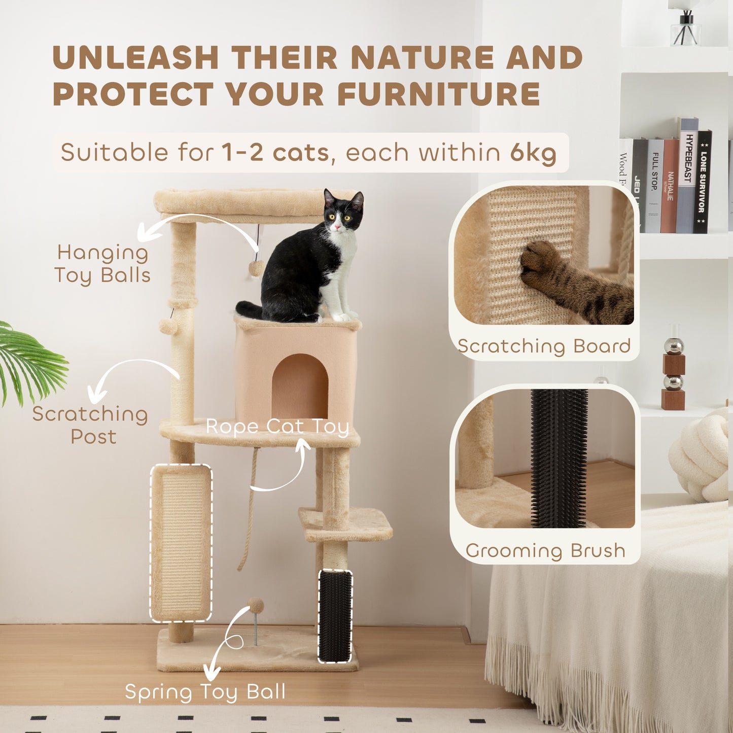 PawHut 132cm Cat Tree w/ Scratching Posts, Pad, Cat Bed, Cat House, Jumping Platform, Grooming Brush, Anti-Tip Kit, Beige