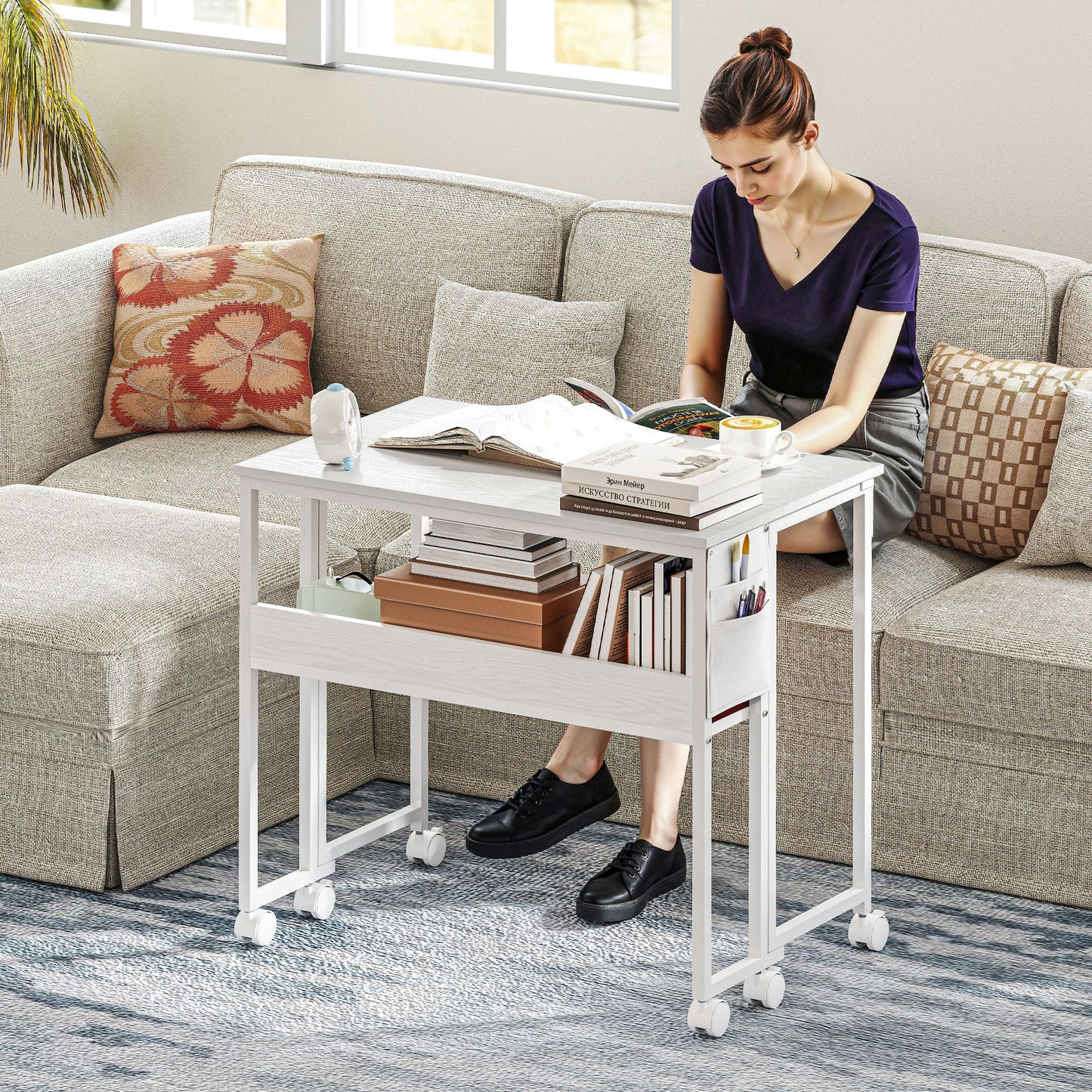 HOMCOM 80 cm Folding Desk with Storage Shelf and Drop Leaf on Wheels - White