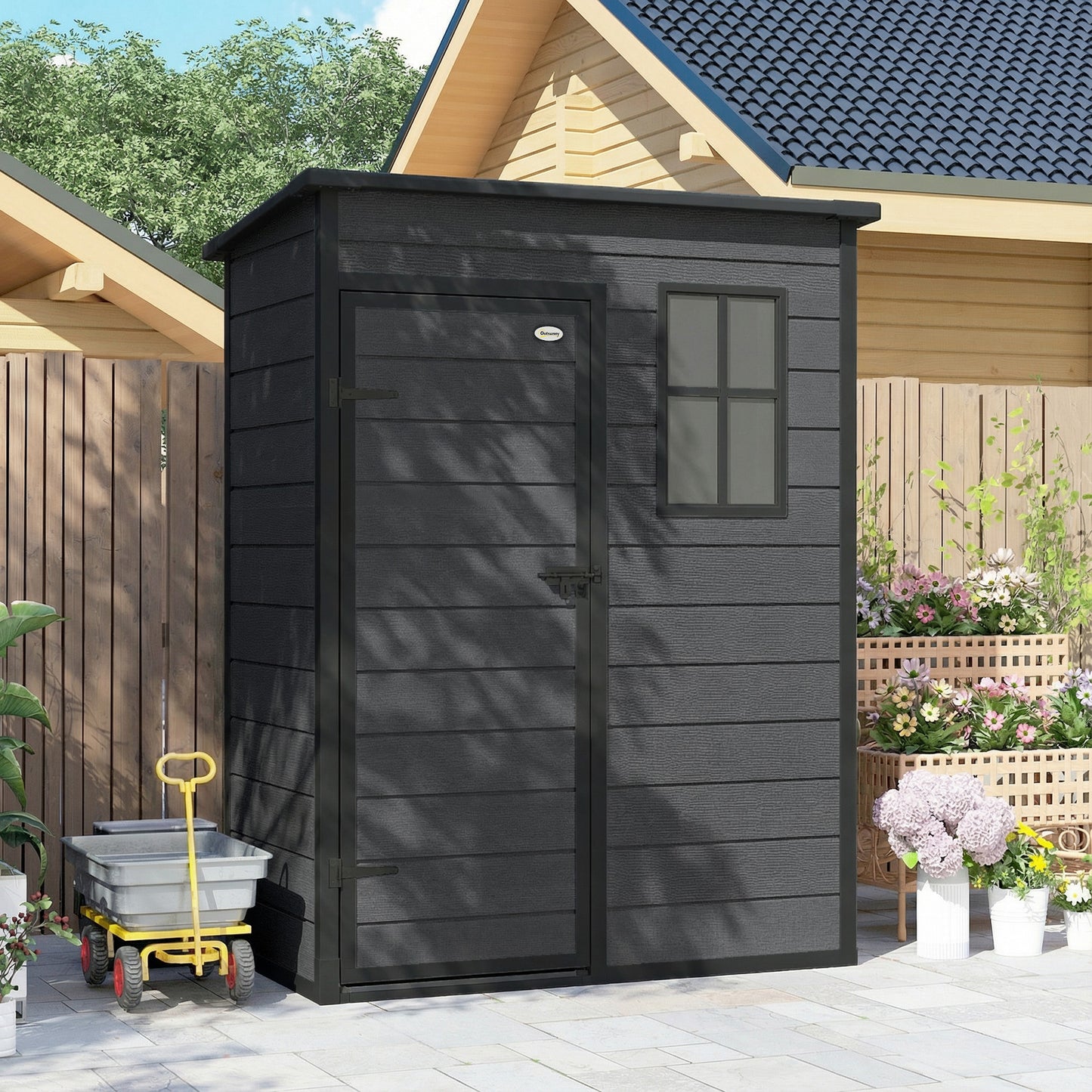 Outsunny 5' x 3' Garden Shed with Floor, Outdoor Storage Shed with Lockable Door, Window and Vent, Dark Grey