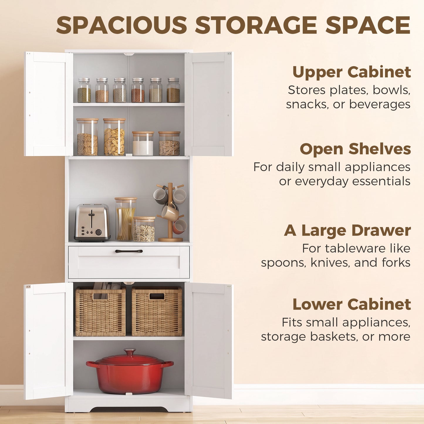 HOMCOM 170 cm Tall Kitchen Pantry with Adjustable Shelves, Freestanding Storage Cabinet with Open Shelf, White Wood Effect