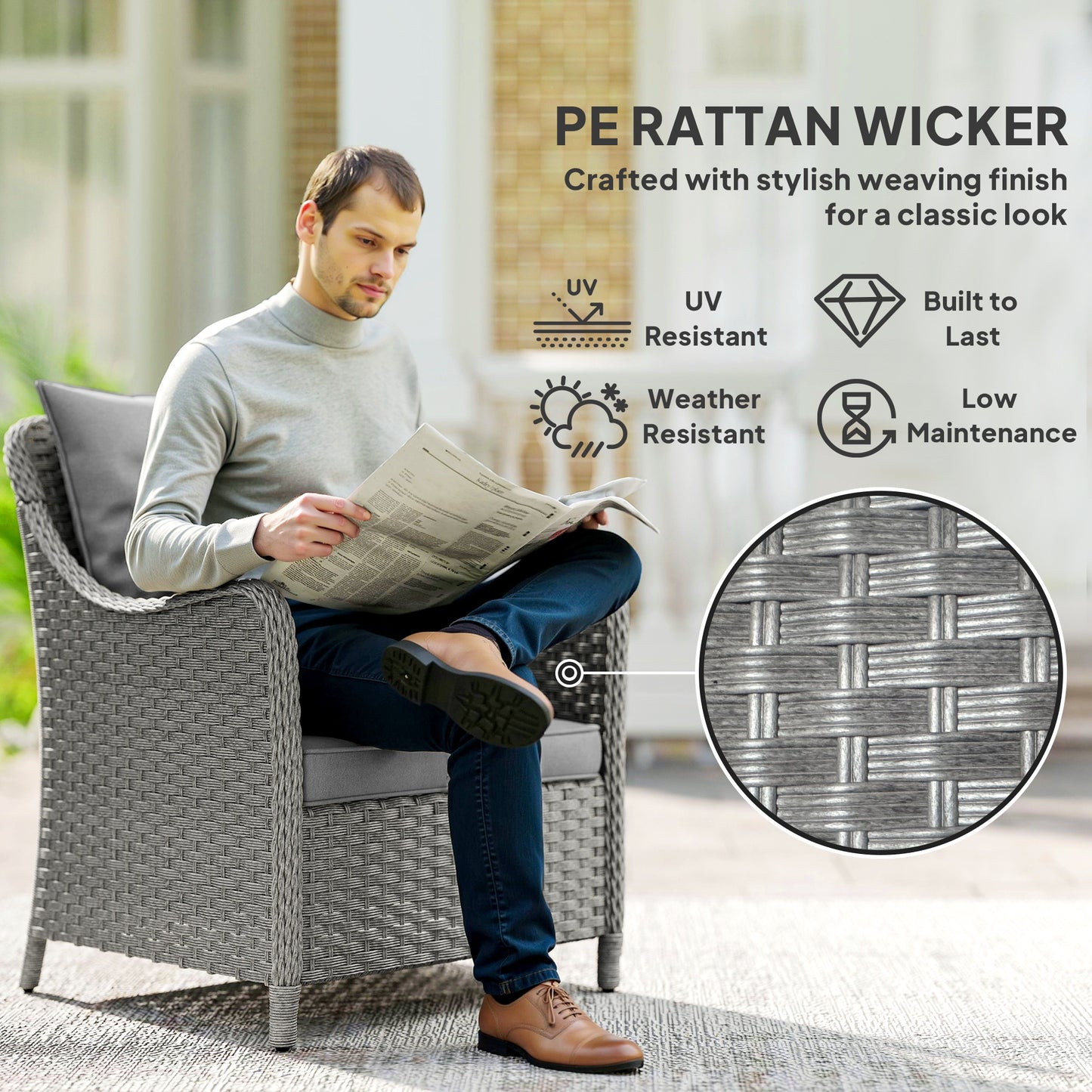 Outsunny Rattan Garden Chairs Set of 2, Outdoor Armchairs with Cushions & High Back, Steel Frame, PE Wicker for Balcony, Porch, Dark Grey