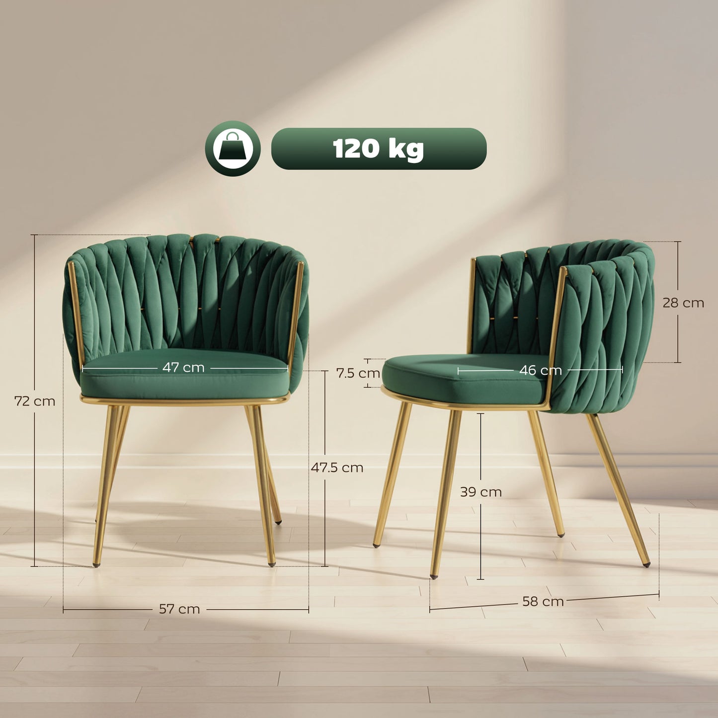 HOMCOM Velvet Dining Chairs Set of 2 with Metal Legs Green
