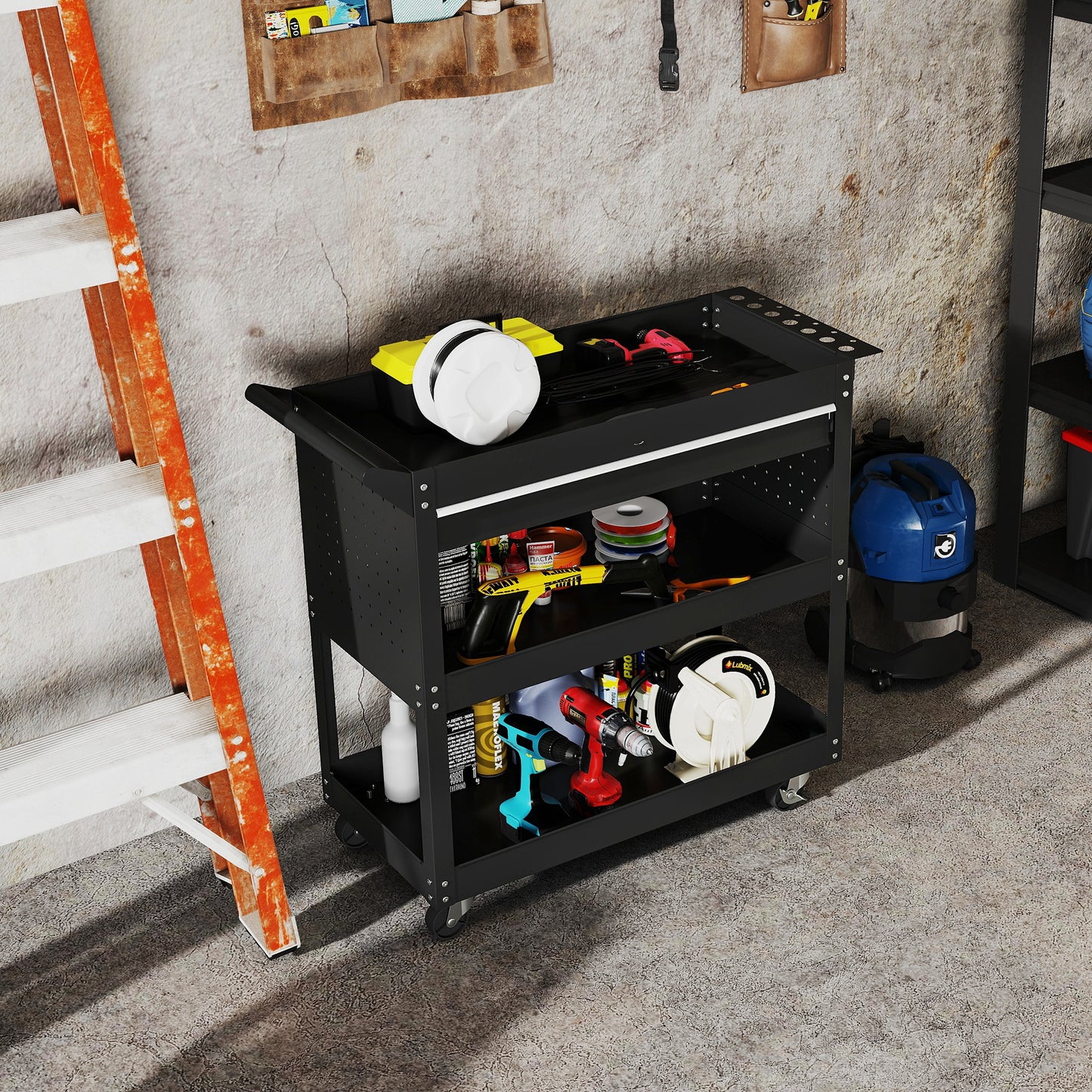DURHAND 3-Tier Tool Trolley Cart Storage Shelf Roller Cabinet DIY Box Garage Workshop with Drawer Black