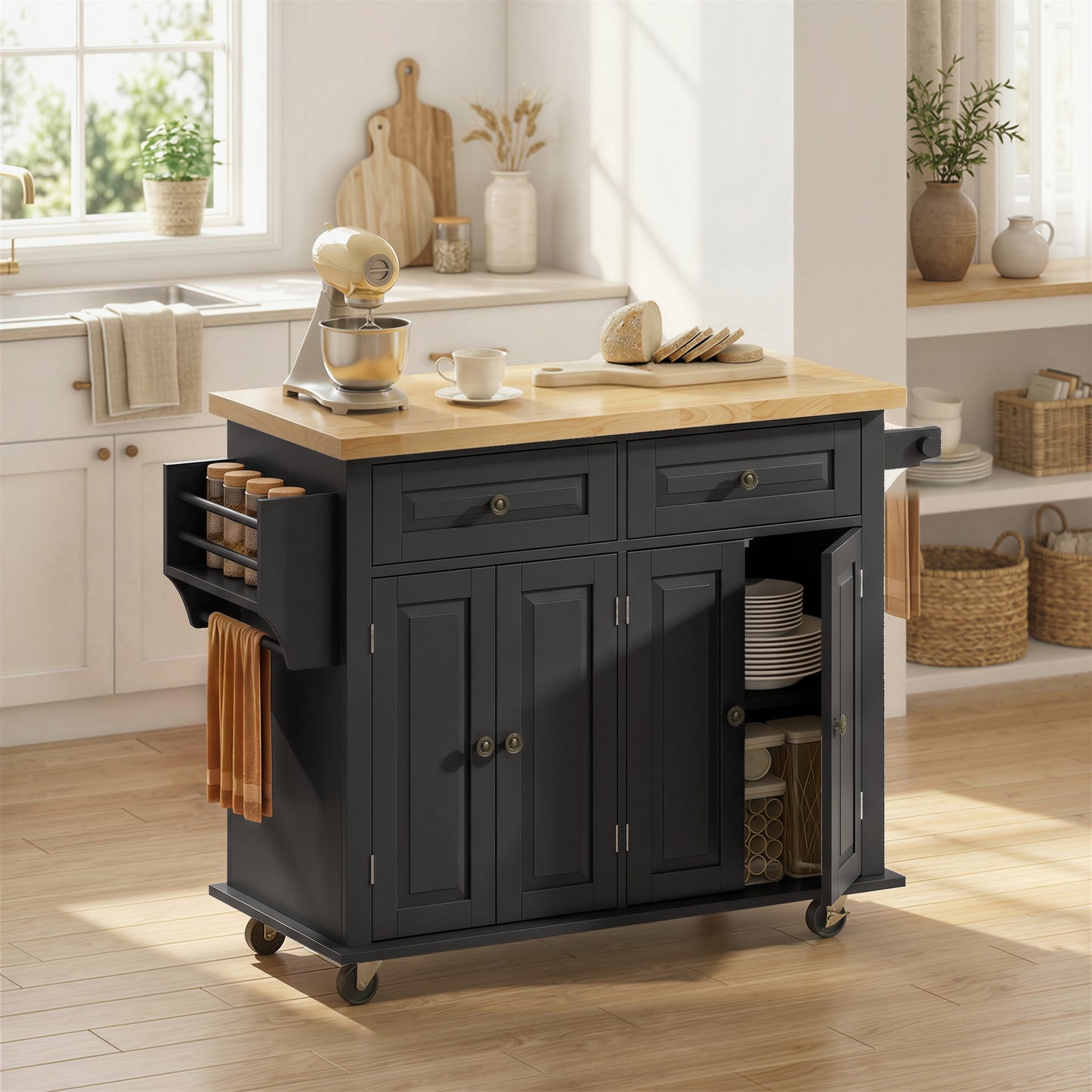 HOMCOM Kitchen Island on Wheels, Rolling Kitchen Trolley with Rubberwood Top, 2 Drawers, Adjustable Shelves, Black