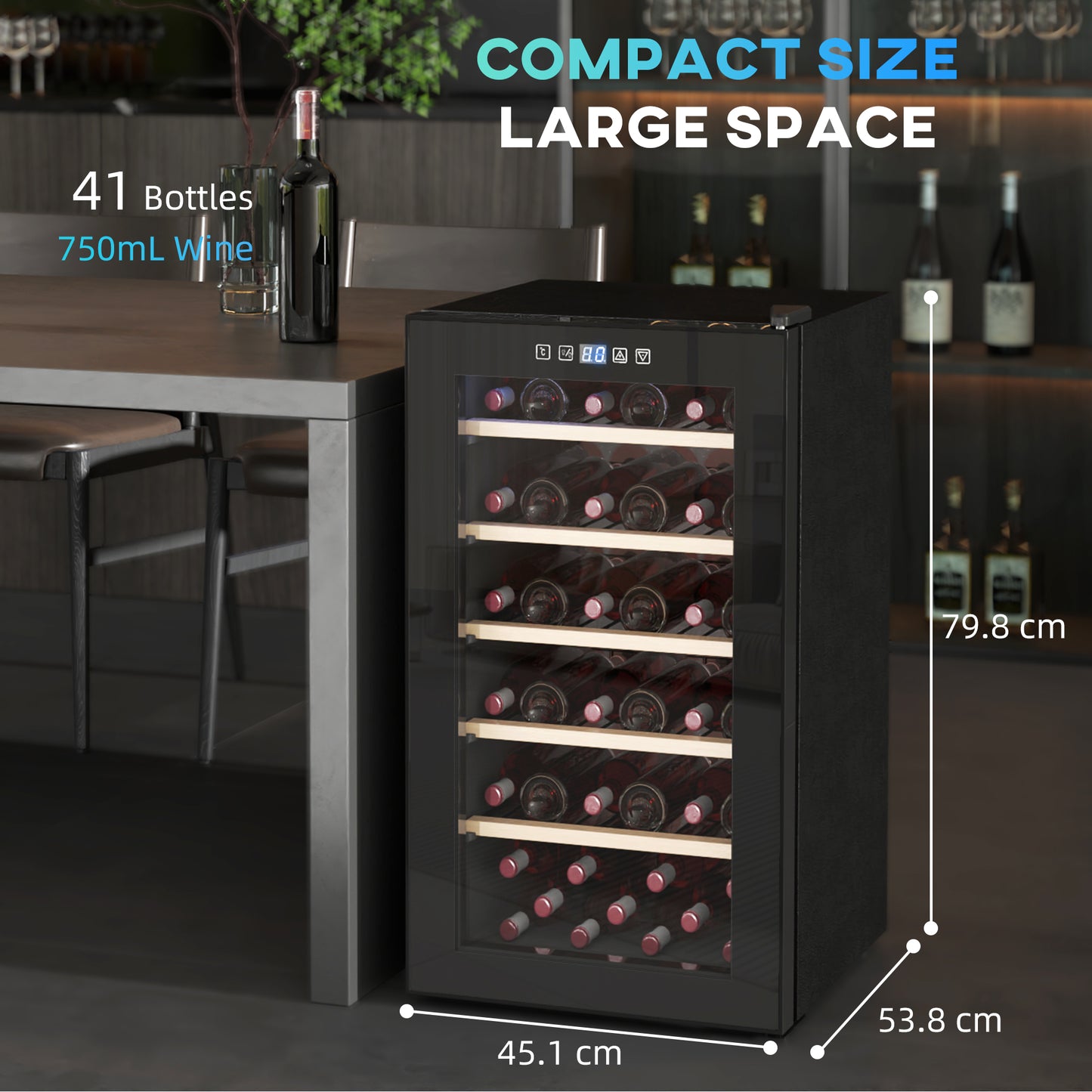 HOMCOM Wine Fridge, 41 Bottle, 91L, Glass Door, LED, Digital Touch Screen, Temp Control, Freestanding Wine Cooler, Black