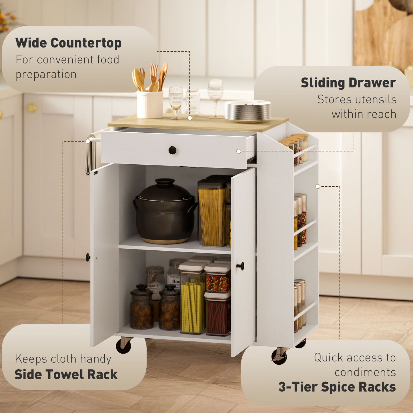 HOMCOM Rolling Kitchen Island with 3-Tier Spice Rack, Kitchen Storage Cart with Drawer and Towel Rack, White