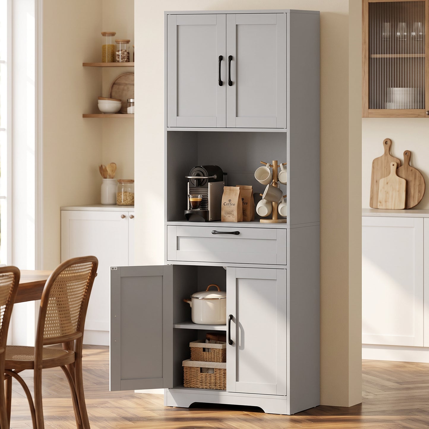 HOMCOM 170 cm Tall Kitchen Pantry with Adjustable Shelves, Freestanding Storage Cabinet with Open Shelf, Grey
