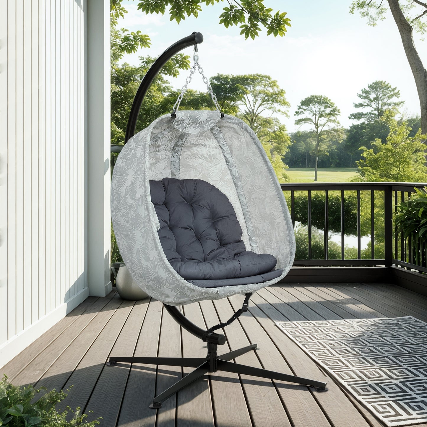 Outsunny Hanging Egg Chair: Outdoor/Indoor, Folding Basket, Stand, Thick Cushion, Cup Holder, Grey