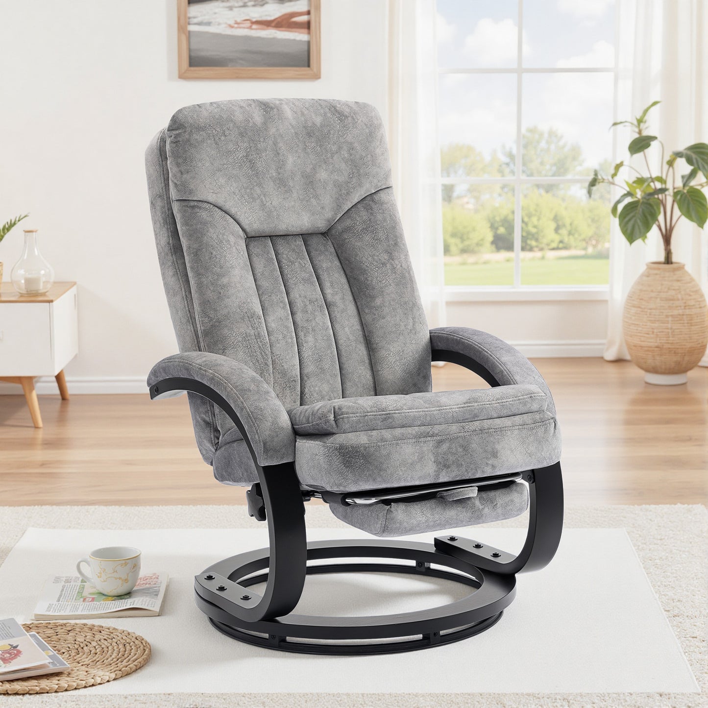 HOMCOM Swivel Recliner Chair with Footrest, Manual Recliner Armchair with Wooden Base, Bedroom, Grey
