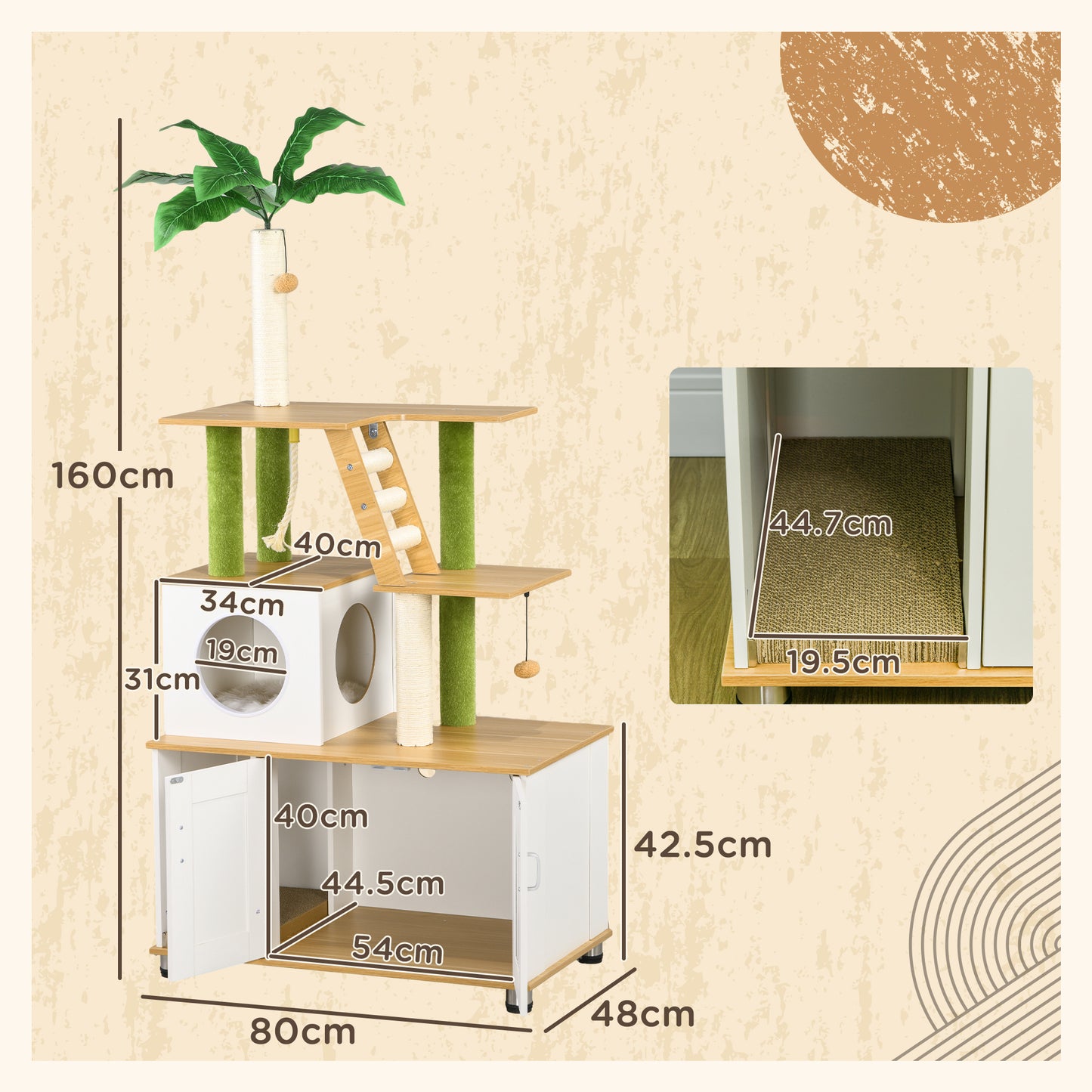 PawHut Cat Tree with Hidden Litter Box Enclosure, 2 in 1 Green Leaf Cat Tower Litter Box Furniture with House, Ladder, Scratching Posts and Platforms, for Indoor Use, Oak