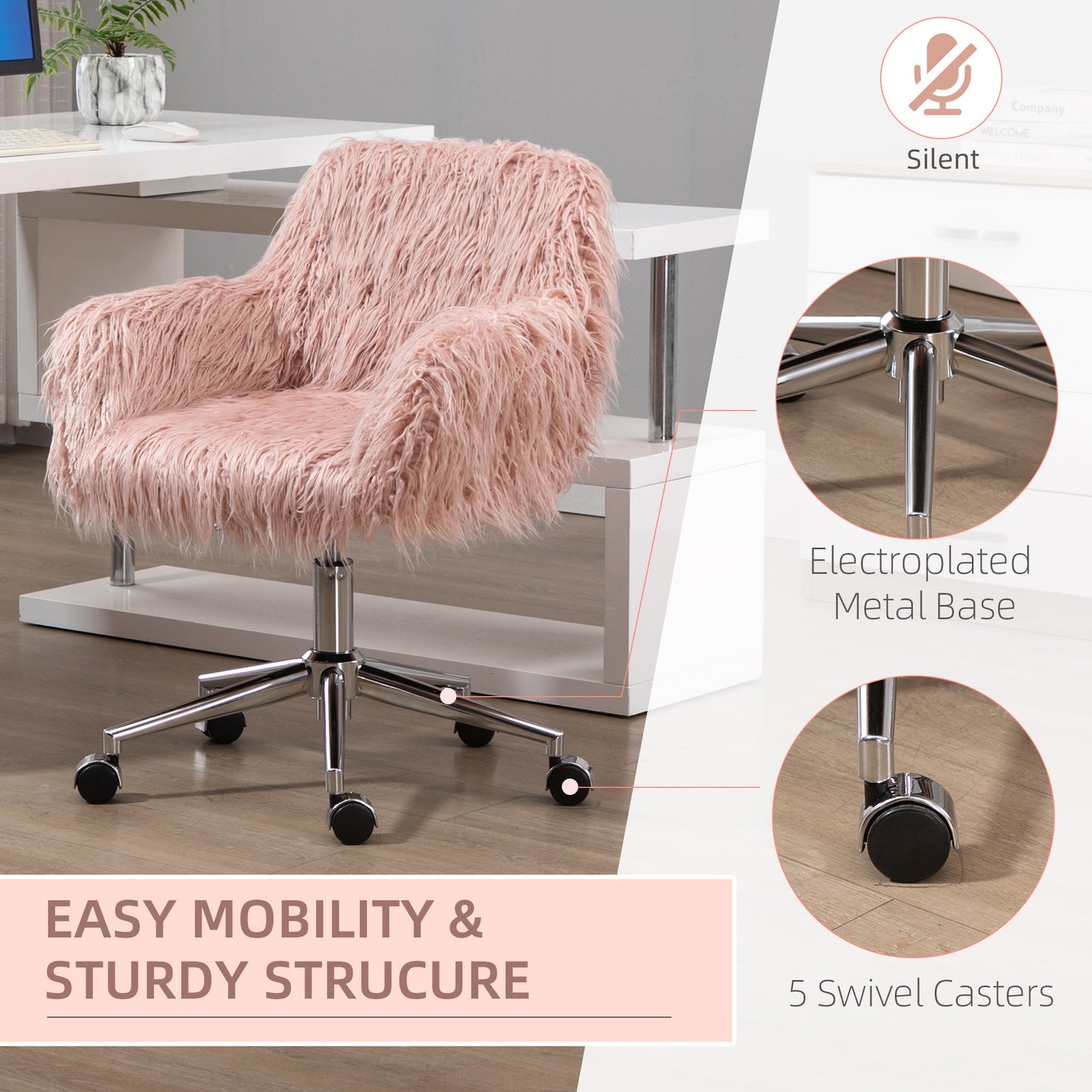 Vinsetto Faux Fur Desk Chair, Rolling Swivel Makeup Chair with Adjustable Height, Armrets for Home Office, Bedroom, Pink