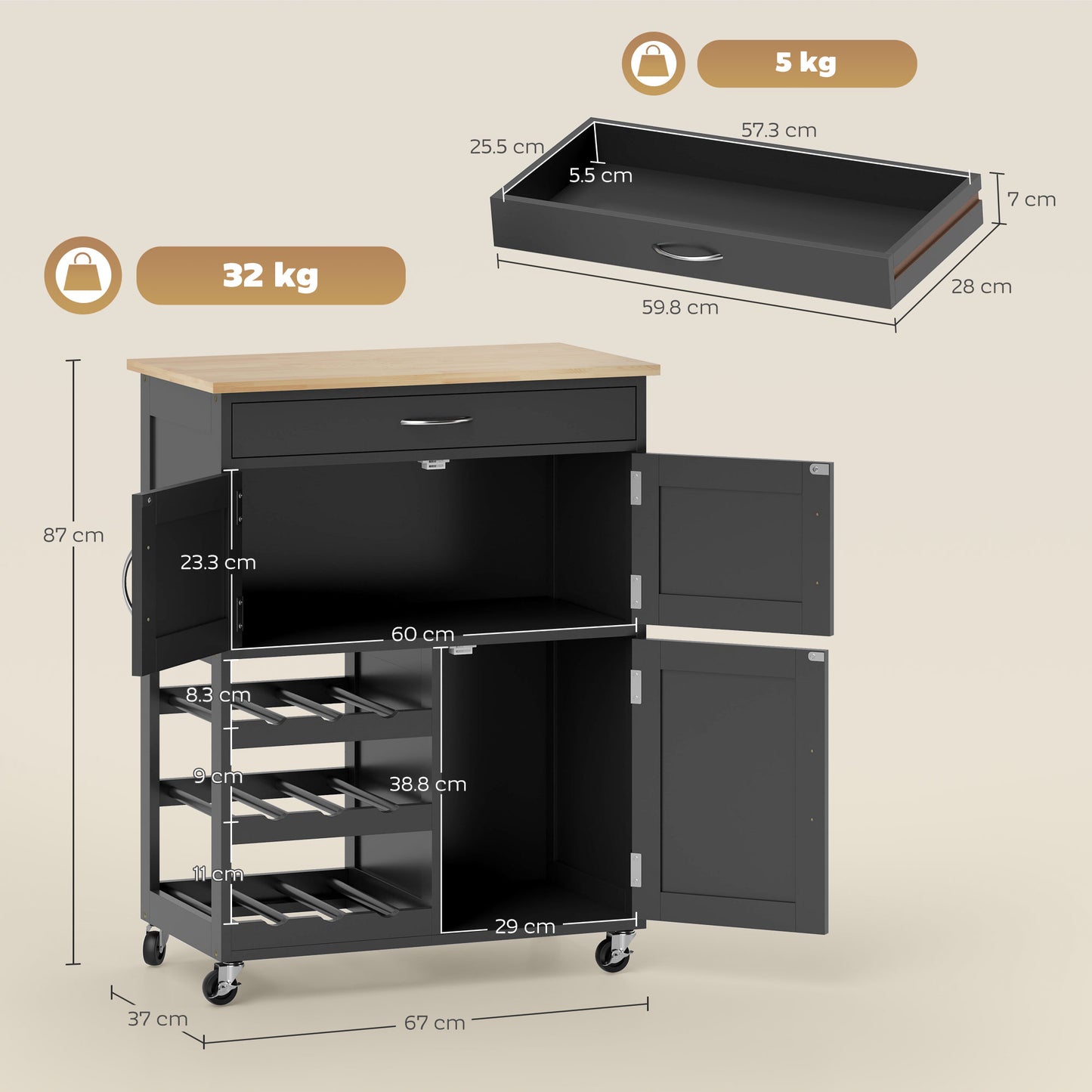 HOMCOM Modern Kitchen Trolley, Rolling Island Storage Cart with Drawer, 9-bottle Wine Rack, Door Cabinets, Black