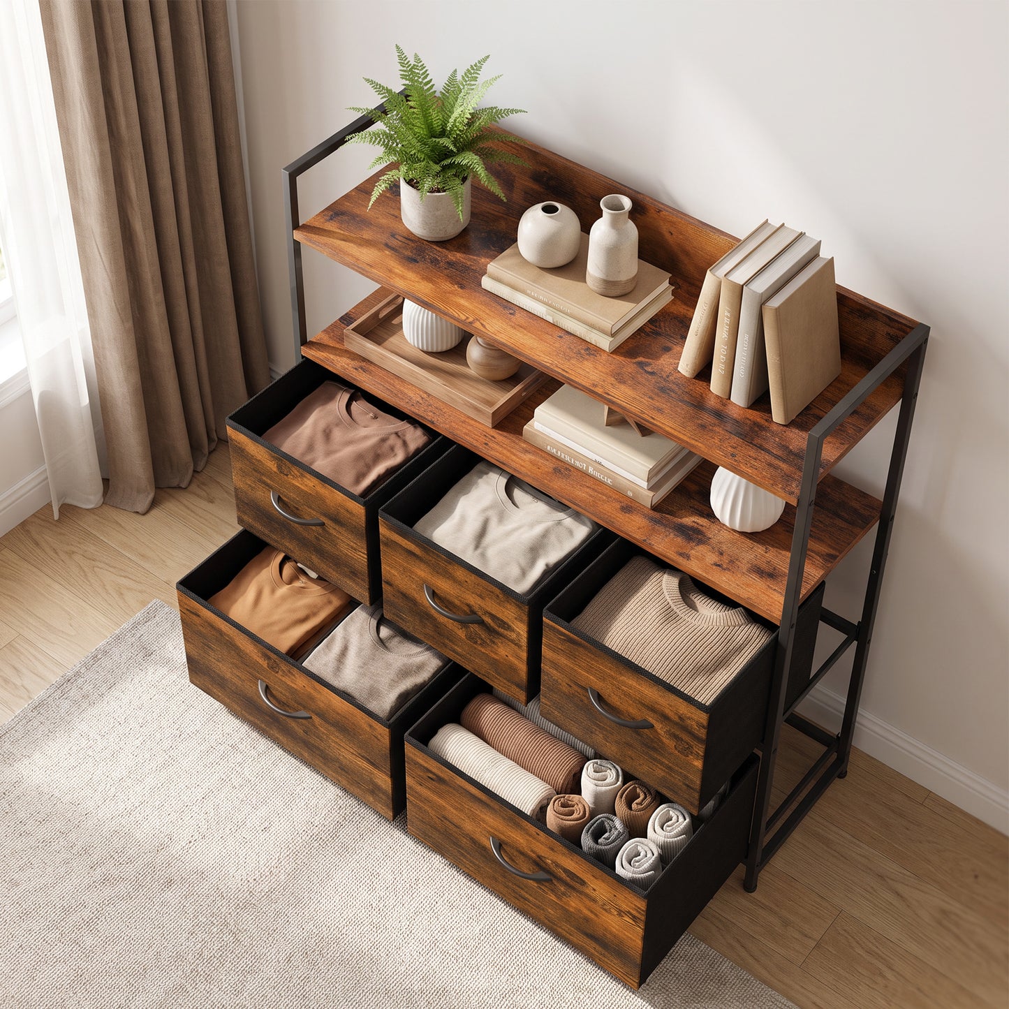 HOMCOM Chest of Drawers, Bedroom Fabric Dresser with 5 Drawers, Storage Organiser Unit with Open Shelves, Rustic Brown