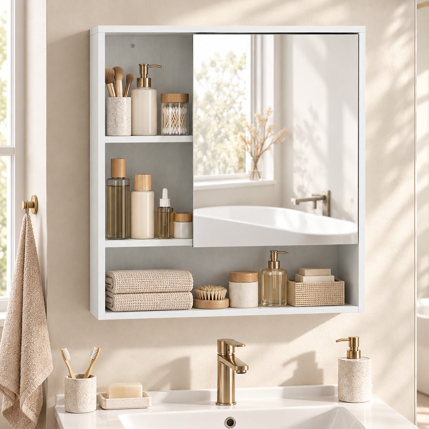 HOMCOM Bathroom Mirror Cabinet, Wall-Mounted Bathroom Cabinet with Mirror Door, Adjustable Shelves, White