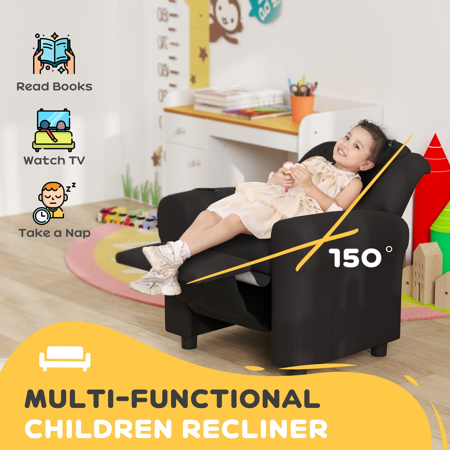 HOMCOM Kids Armchair, Kids Recliner Chair, PU Leather Kids Chair with Adjustable Backrest & Footrest, Padded Headrest, Black