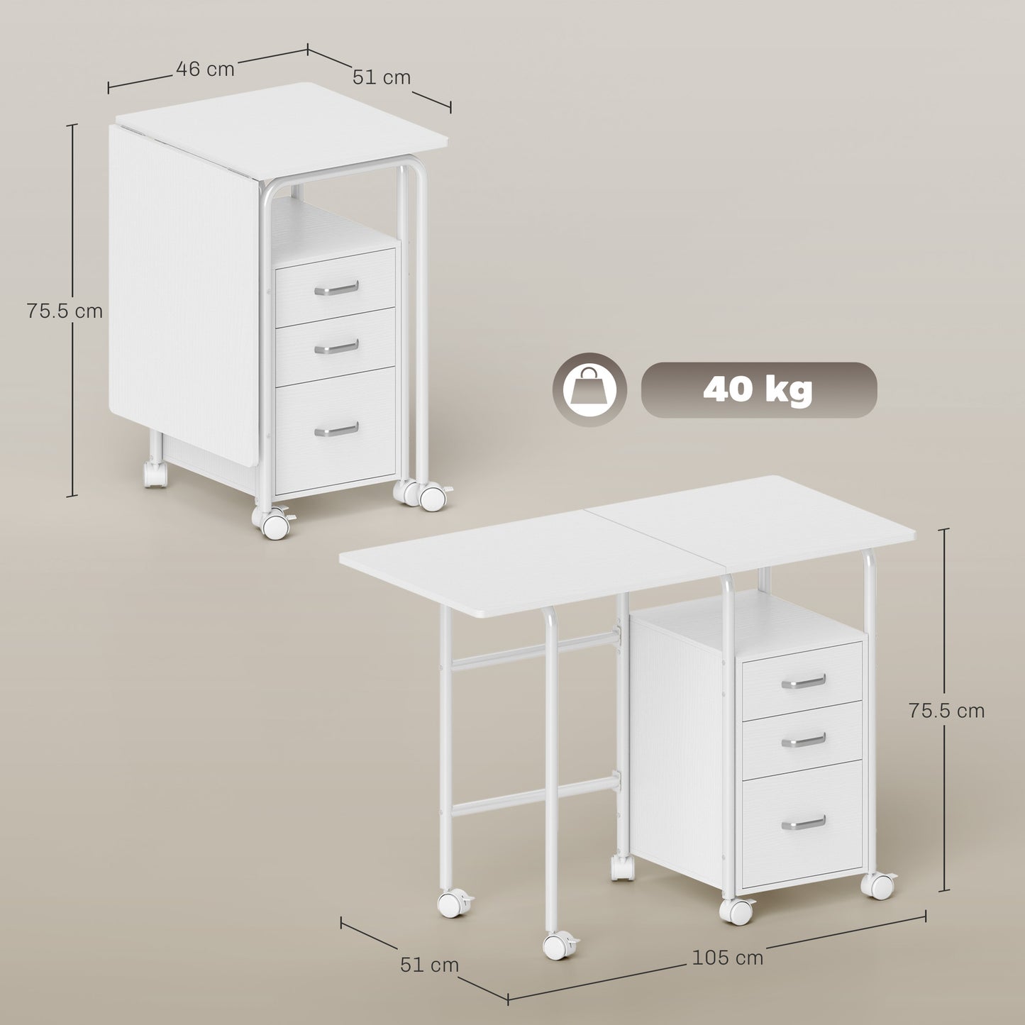 HOMCOM 105 x 51 cm Foldable Office Deskwith 3 Drawers, Extendable Top, Wheels, White