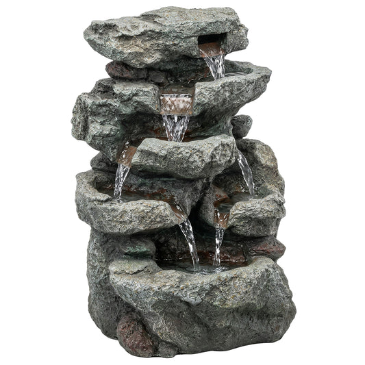 Outsunny Outdoor Fountain with 6-Tier Rock Design, Waterfall Feature with LED Lights, Resin Freestanding Garden Fountain, Grey