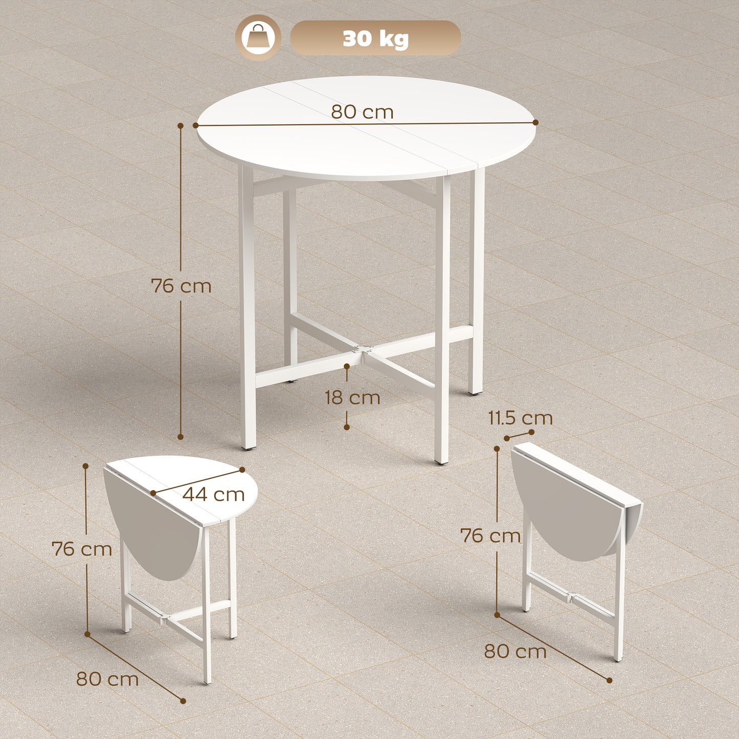 HOMCOM Collapsible Drop Leaf Table, Folding Dining Table for Small Spaces, Extendable Kitchen Table with Steel Frame, White