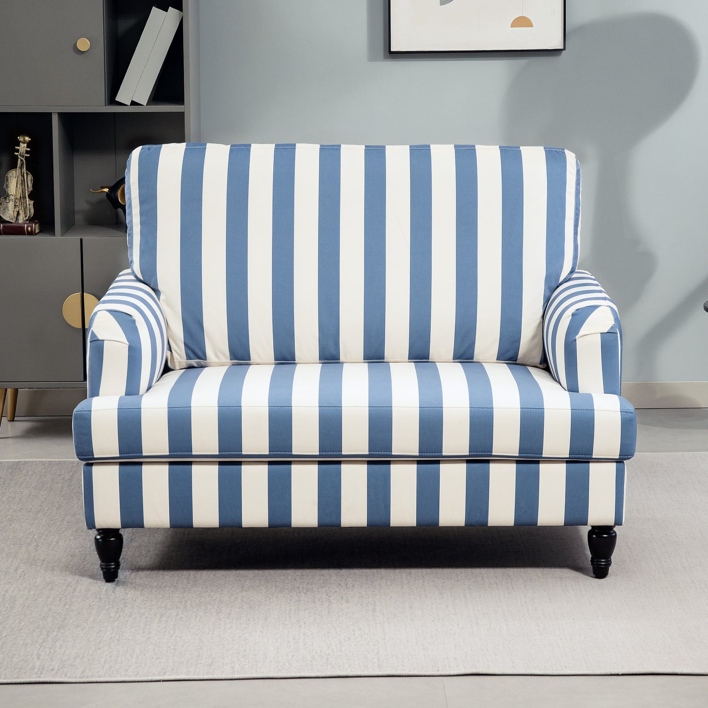 HOMCOM Velvet Single Sofa Armchair, Modern Cuddle Chair with Stripe, Turned Legs, Wide Seat for Living Room/Bedroom, Blue and White
