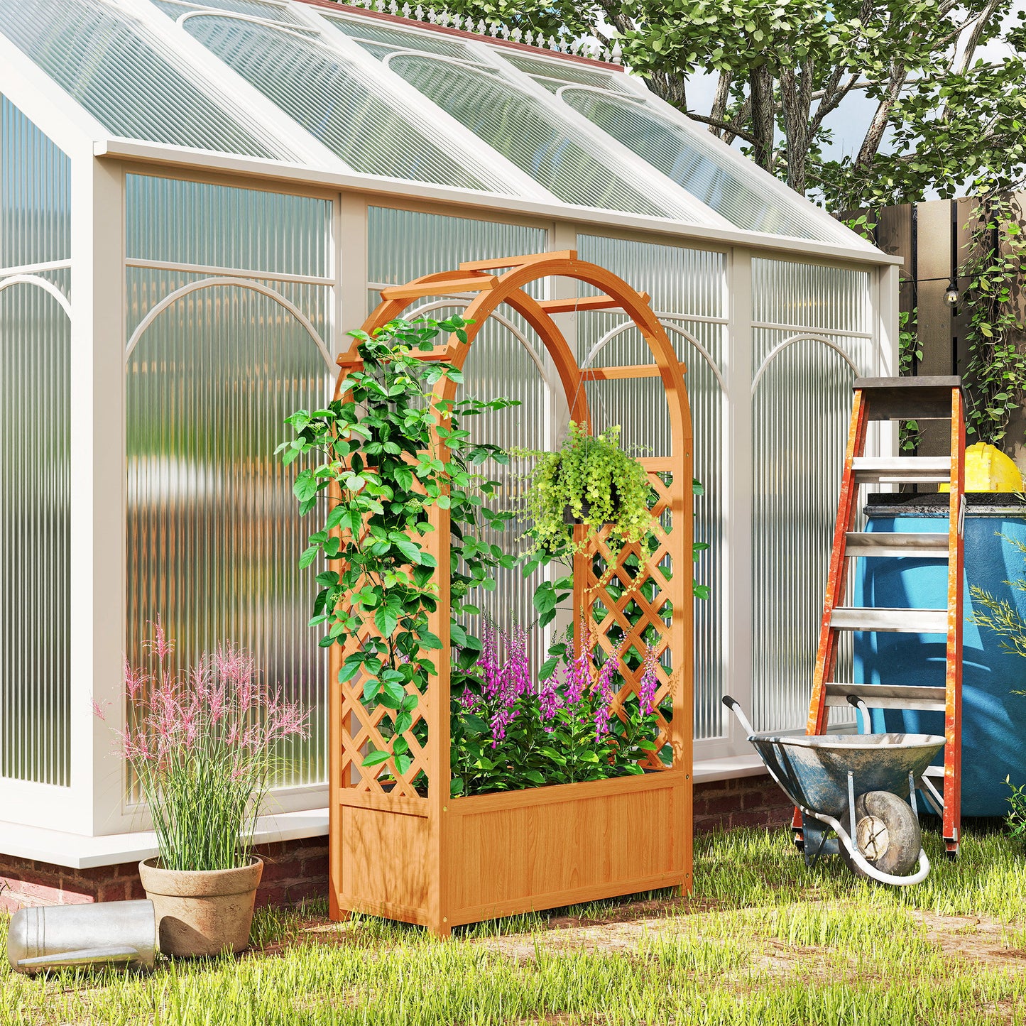 Outsunny Wooden Raised Garden Bed with Trellis, Liner, Drainage Holes, for Vine Climbing Plants, Flowers, 83 x 36 x 145 cm