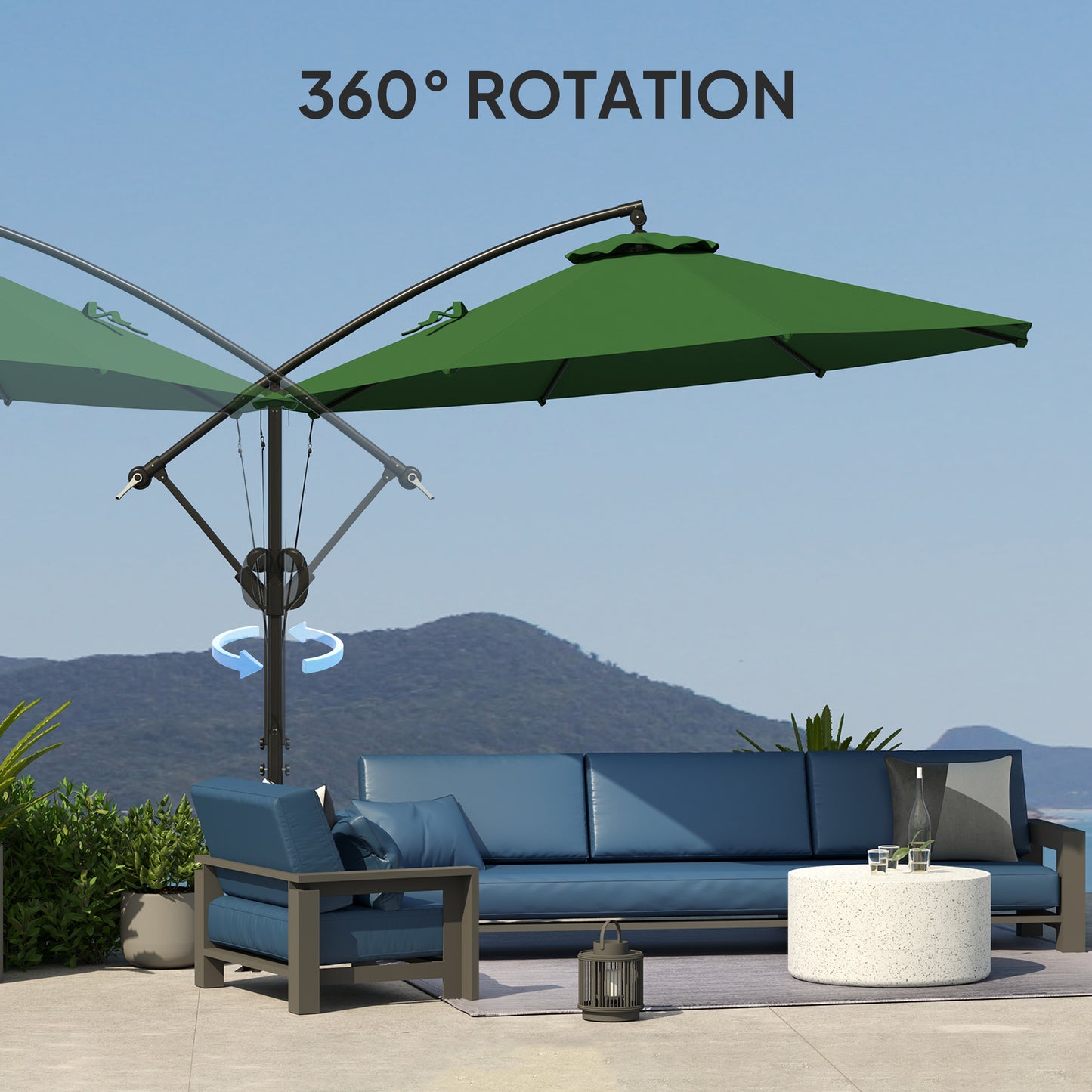 Outsunny Garden Cantilever Parasol with Cover & Wind Strap, Round Umbrella with Crank & Tilt, UPF50+ Patio Sun Shade, Green