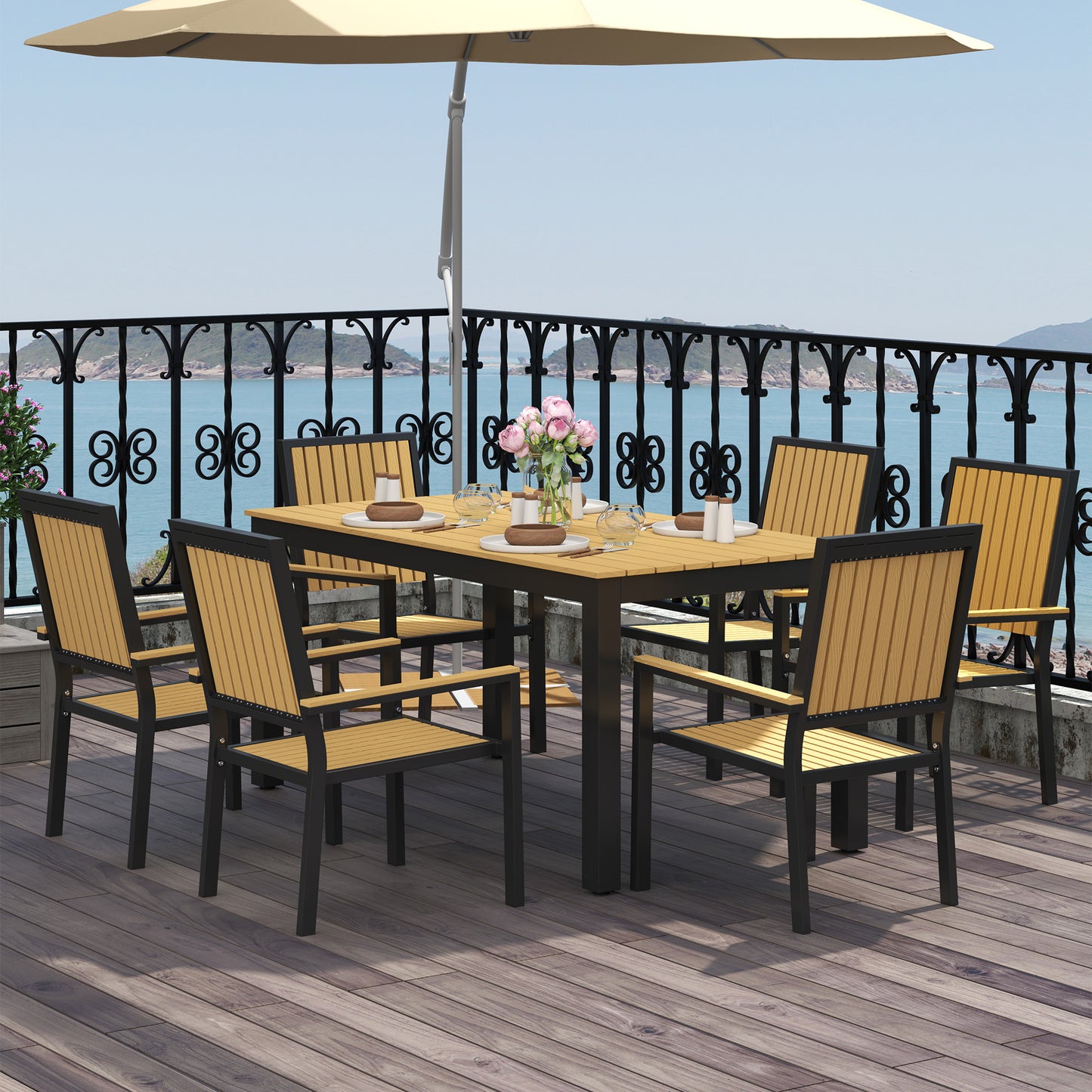 Outsunny 6 Seater Garden Dining Set, Aluminium Frame, Stackable Chairs, Rectangular Plastic Top, Nature Wood