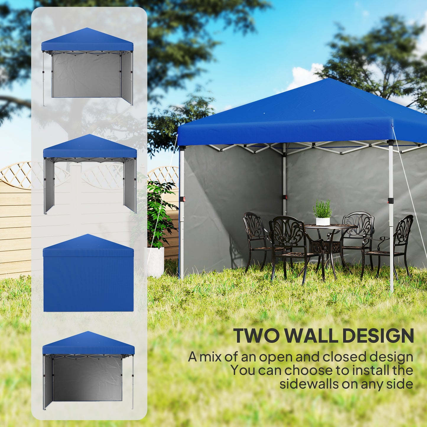 Outsunny Pop Up Gazebo 3x3m, UPF 30+, 2 Sidewalls, Leg Bags & Wheeled Bag, Height Adjustable Party Tent for Garden/Patio, Blue