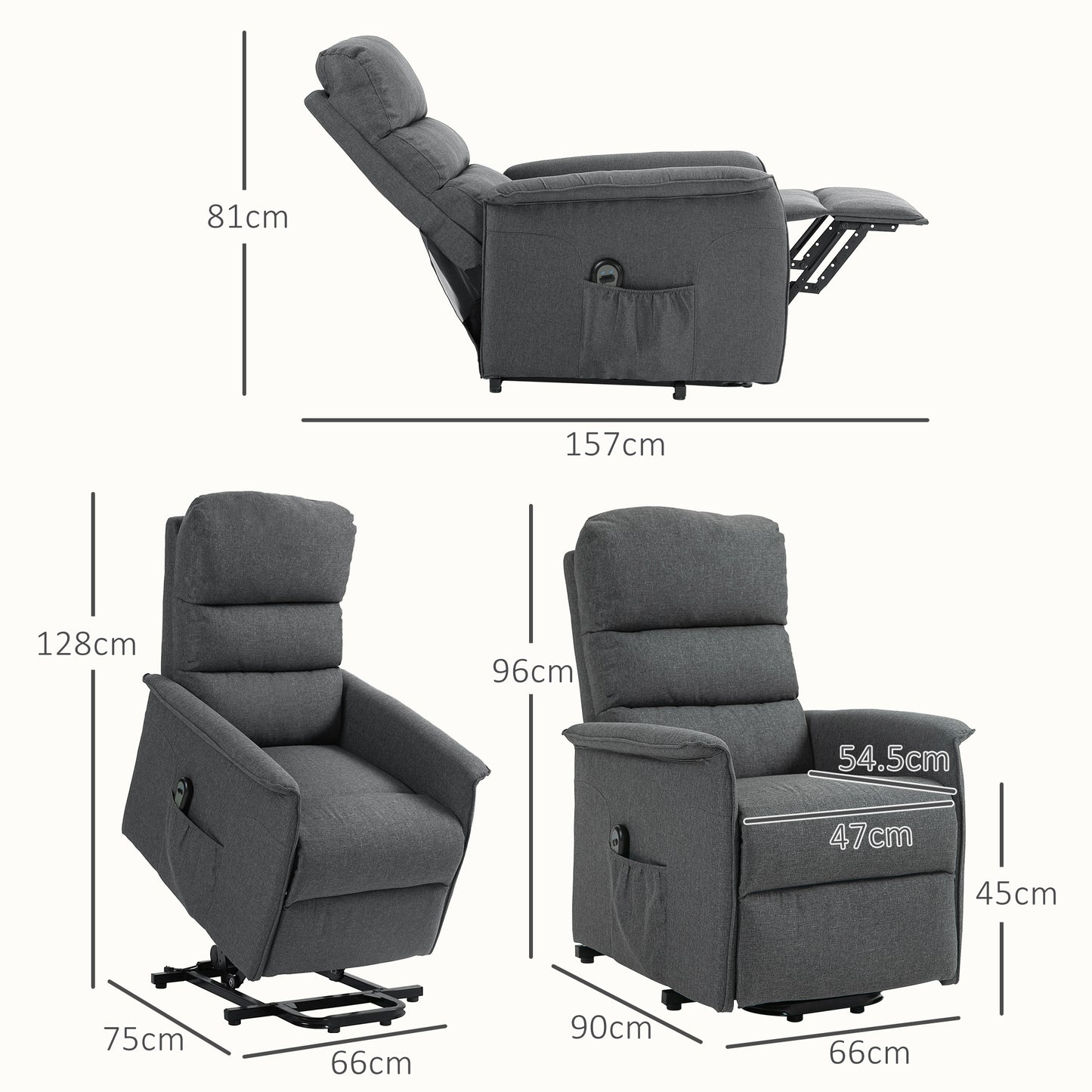 HOMCOM Electric Power Lift Recliner Chair, Fabric, Remote, Side Pockets, Dark Grey