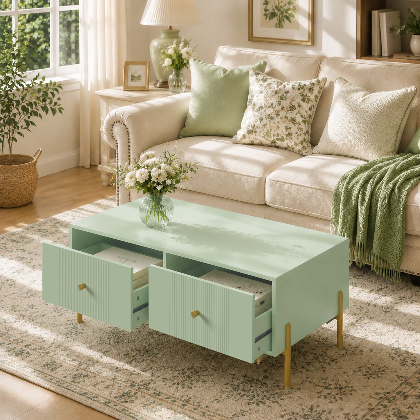 HOMCOM Modern Coffee Table, Living Room Table with Storage, 2 Drawers and Metal legs for Bedroom, Light Green