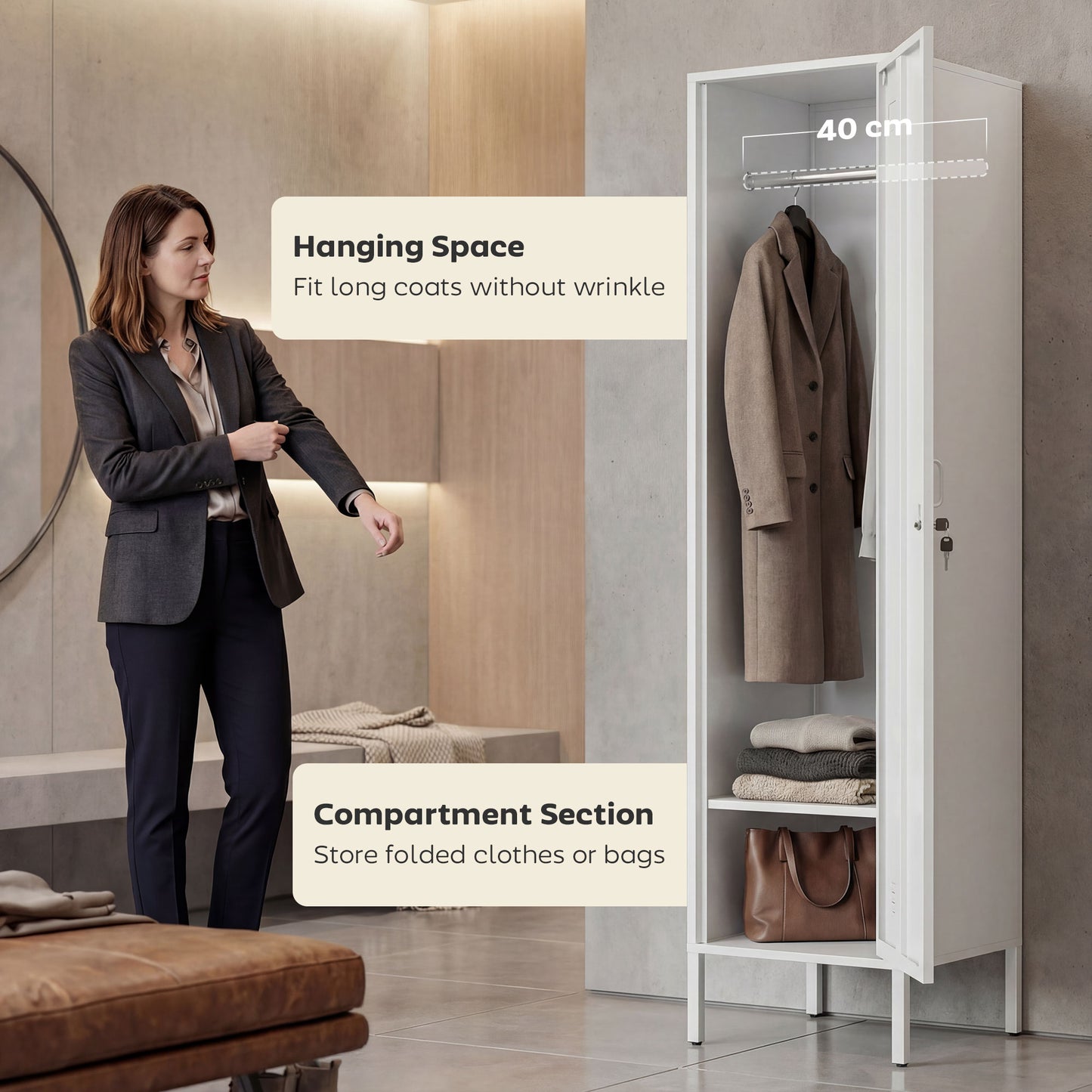 HOMCOM Metal Locker Cabinet with Hanging Rod, Lock and Key, Single Locker Storage Cabinet with Shelf, White