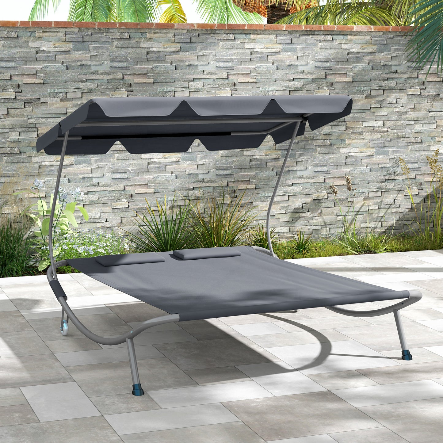 Outsunny Double Hammock Sun Lounger Bed with Canopy Shelter, Wheels & 2 Pillows, Light Grey