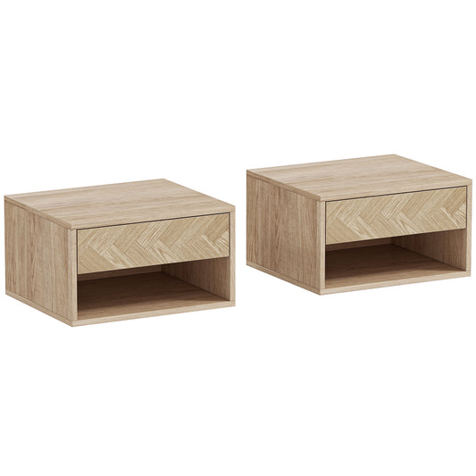 HOMCOM Set of Two Floating Bedside Tables - Natural Wood Finish